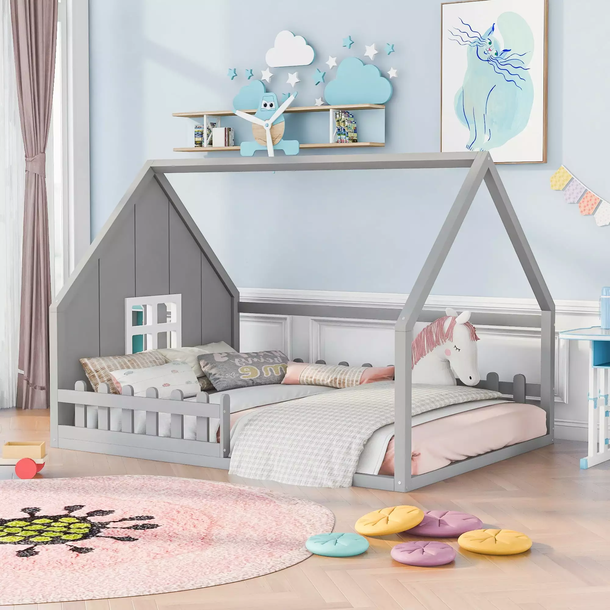 Aukfa Floor House Bed for Kids. Wood Full Bed with Fence. Gray