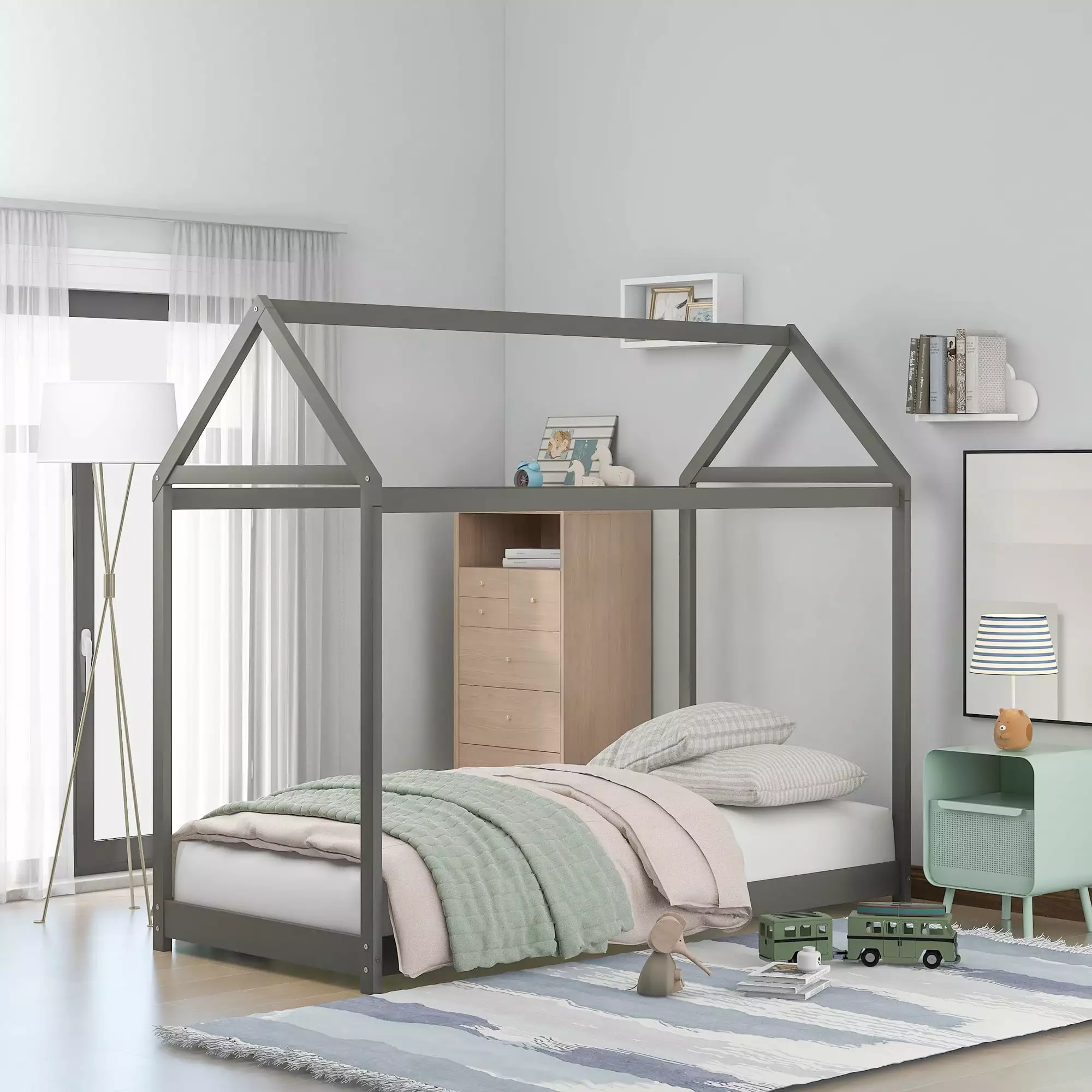 Aukfa House Bed. Wooden Twin Bed Frame for Kids - Gray