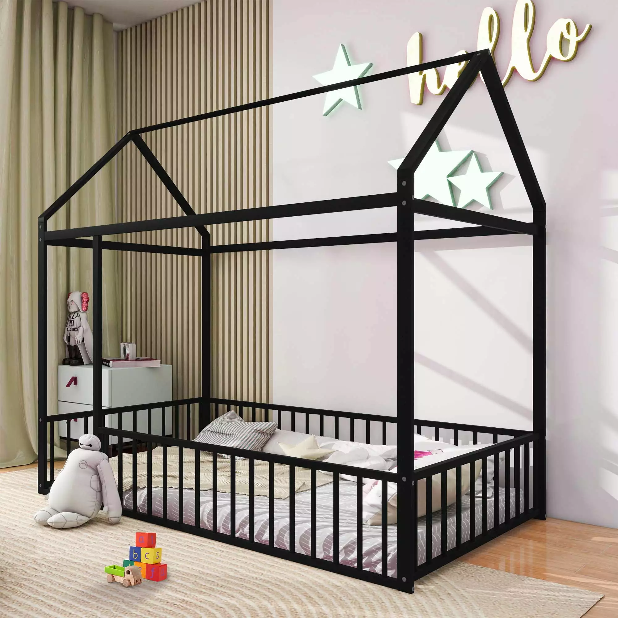 Aukfa Metal House Bed. Twin Platform Bed with Fence for Kids - Black