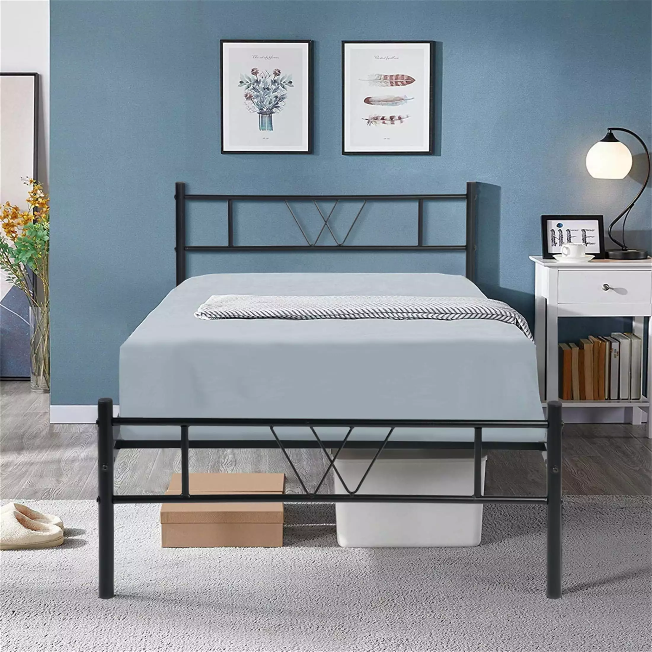 Aukfa Metal Twin Size Platform Bed Frame with Headboard and Footboard for Kids Teens. Black