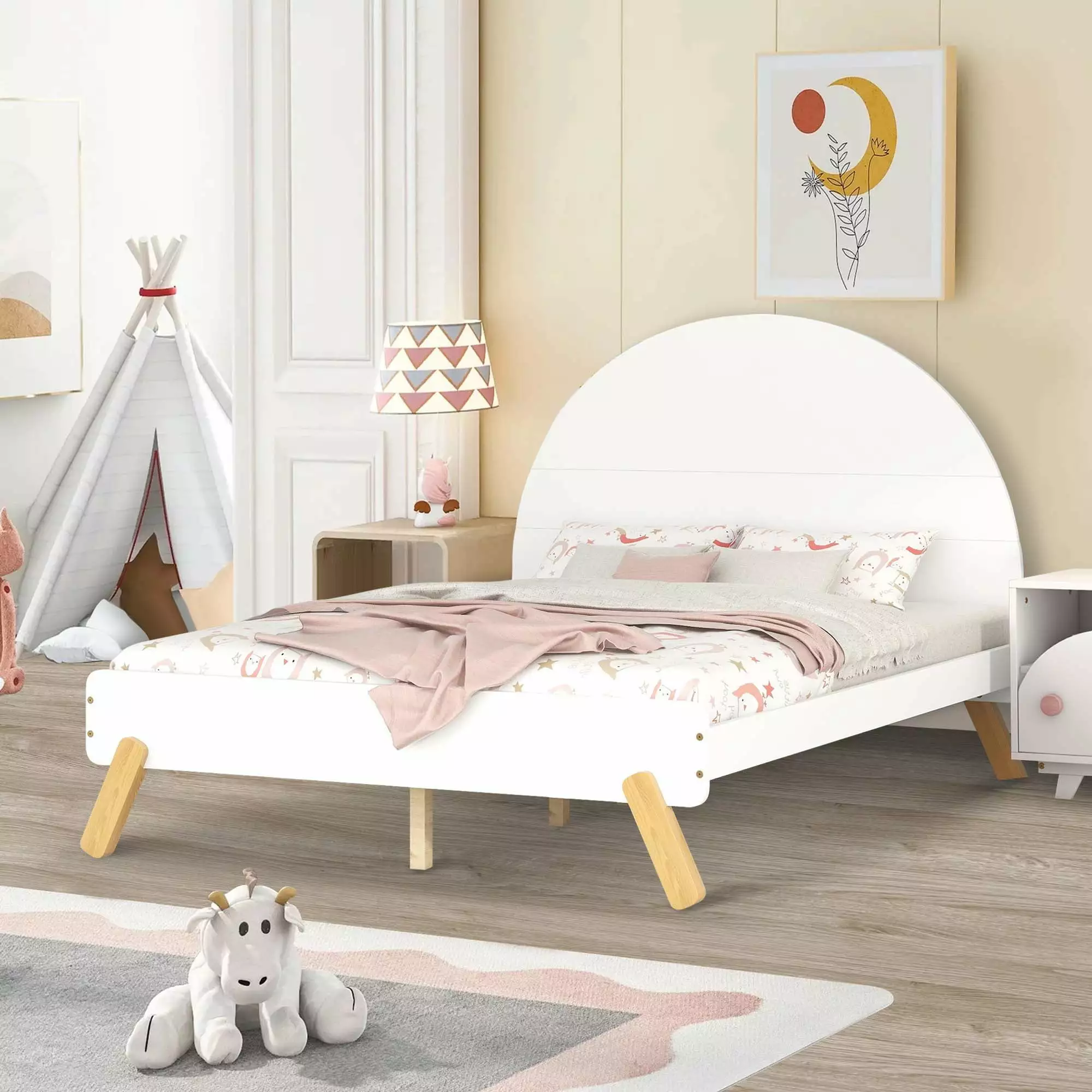 Aukfa Platform Bed for Kids. Full Size Bed Frame with Semi-circular Headboard. Wooden - White