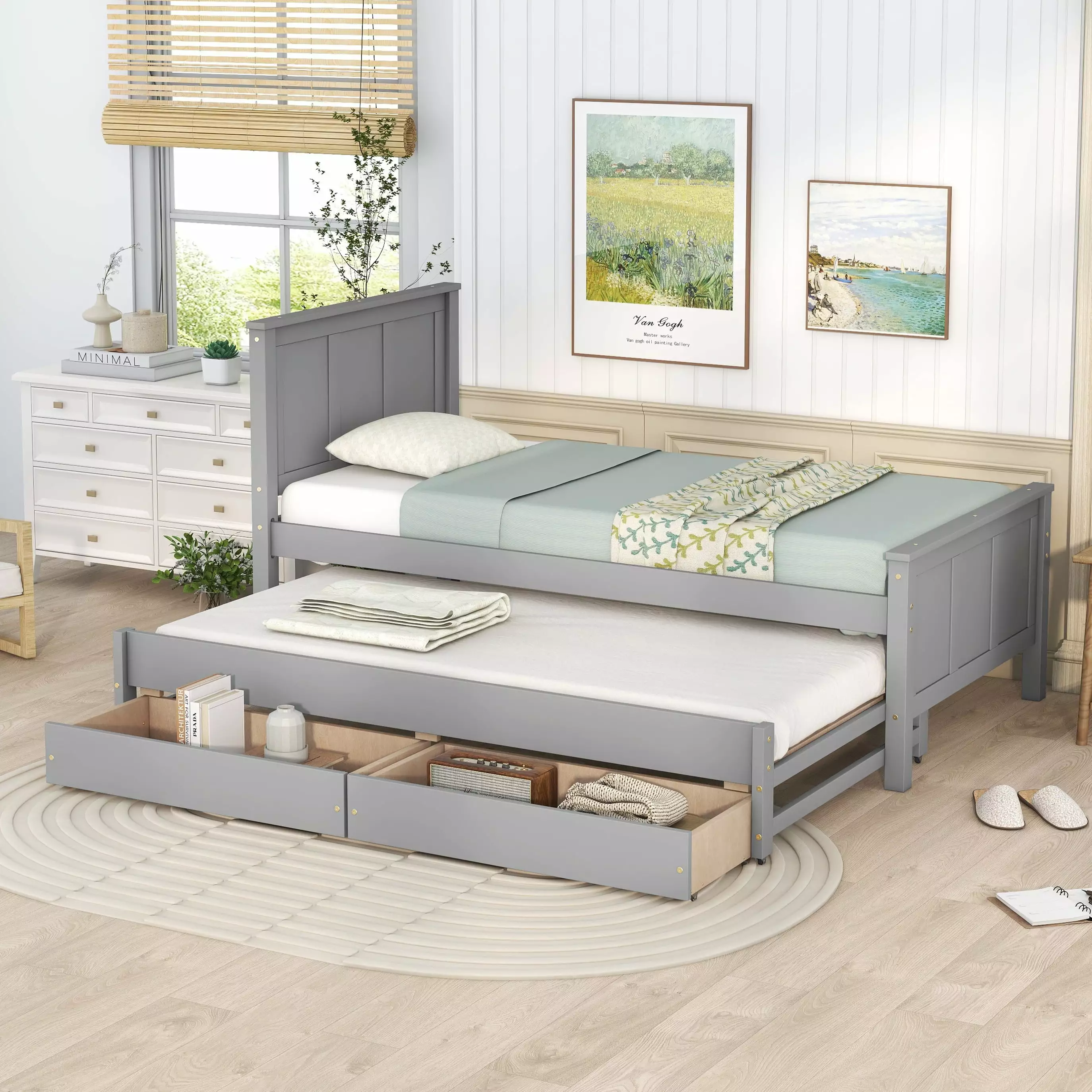 Aukfa Twin Platforms Storage Bed with Trundle. Wood Captain's Bed with 2 Drawers - Gray