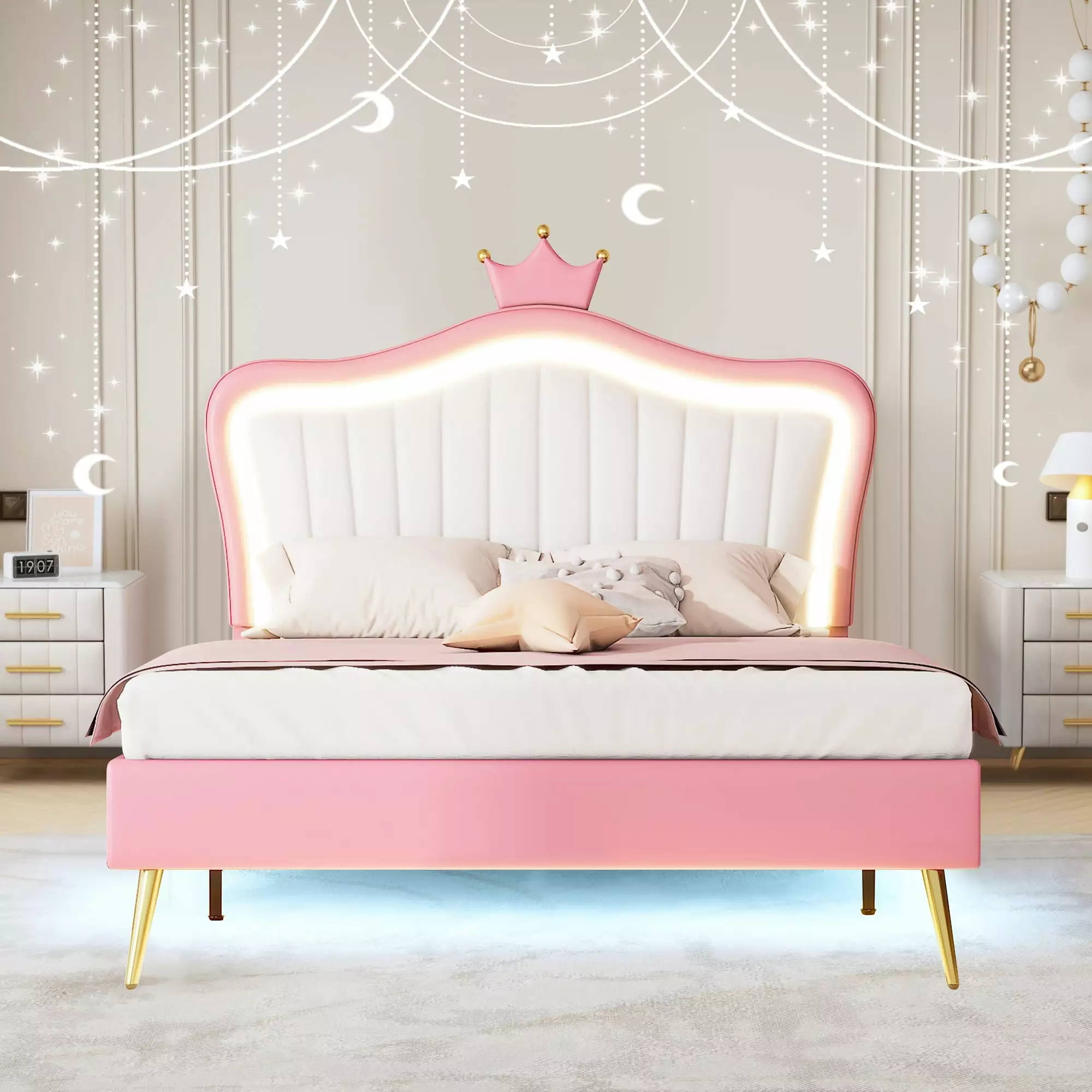 Aukfa Upholstered Bed Frame with Crown Headboard and LED Lights. Full Size Princess Bed for Girls - Pink