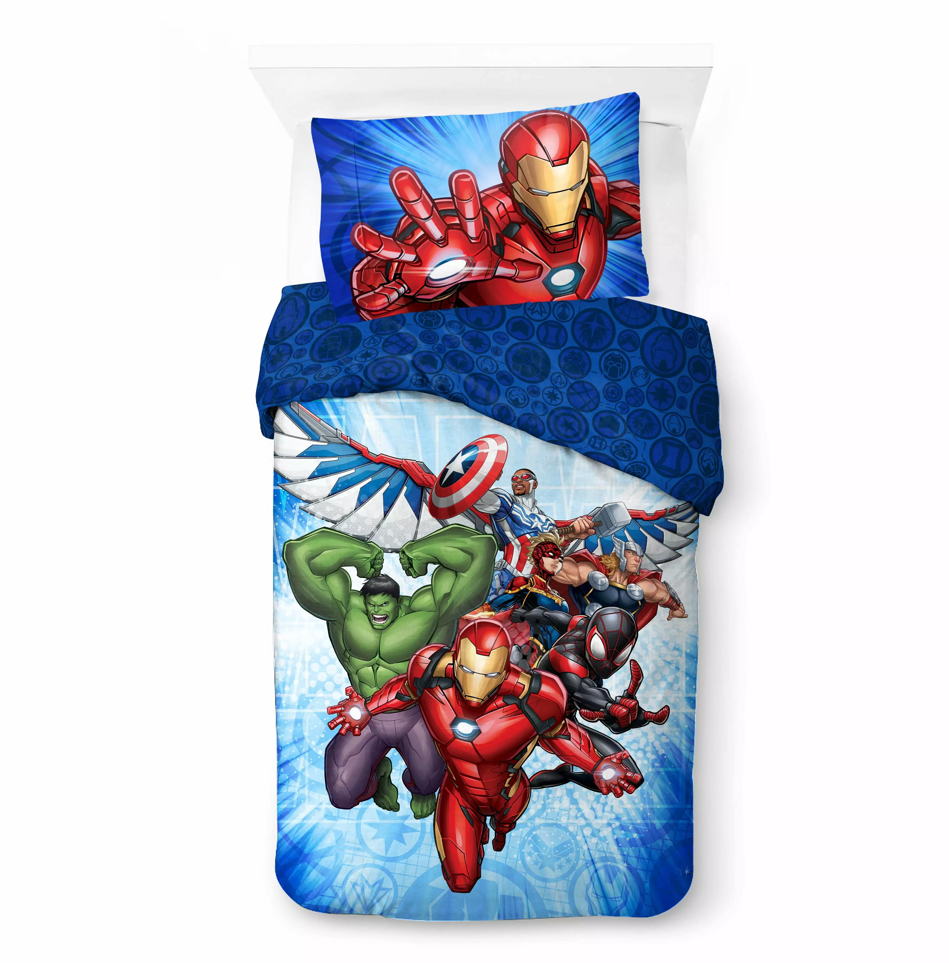 Avengers 2-Piece Twin/Full Reversible Comforter and Pillowcase Bedding Set. Microfiber. Blue. Marvel