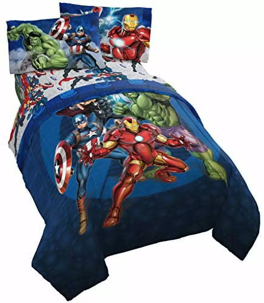 Avengers Collection Cartoon Superhero 5 Pieces Kids Full Bed Set. 100% Microfiber. Blue. Marvel