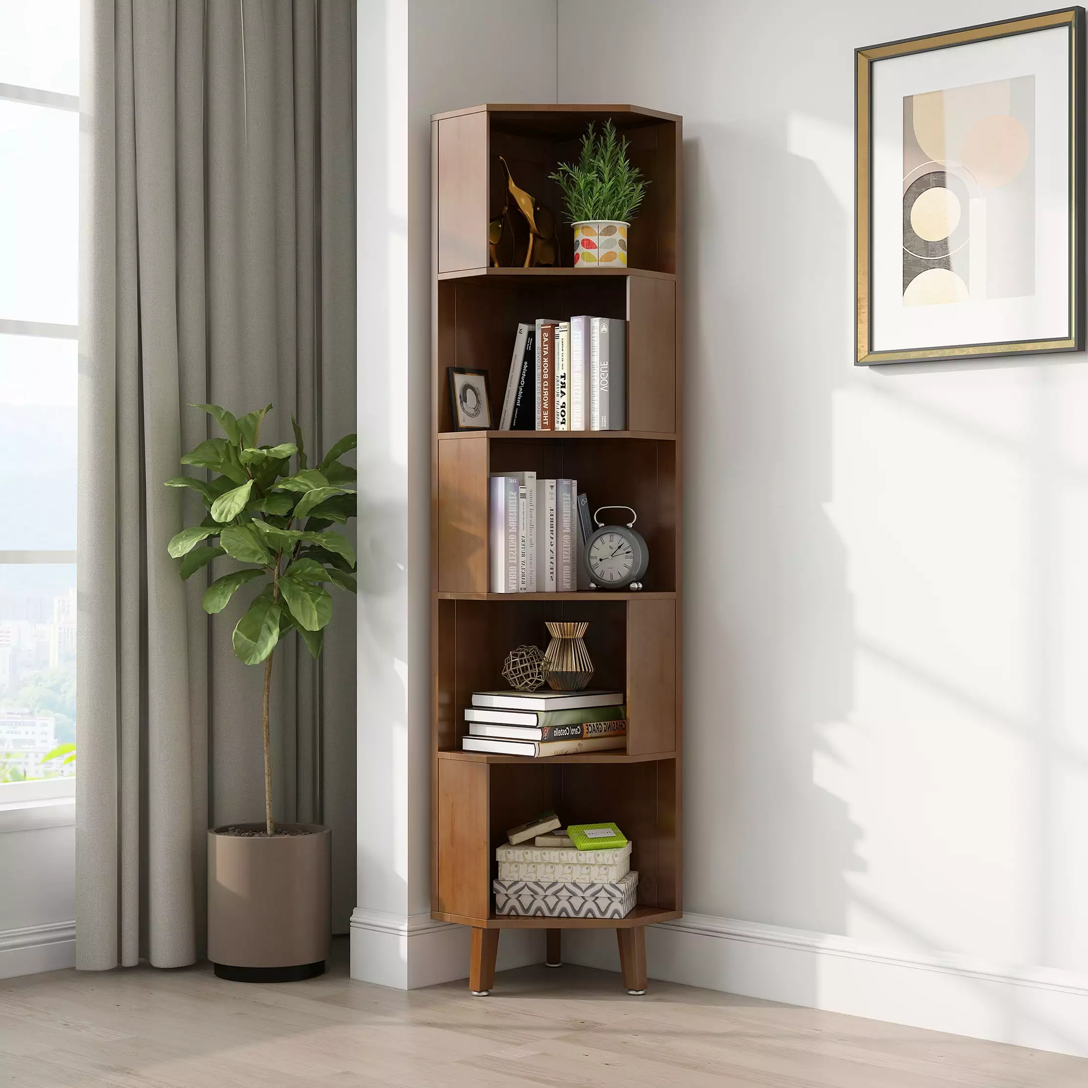 BALANBO 5-Tier Cube Corner Bookshelf Bamboo Corner Bookcase Brown 13(L) x 13(W) x 71.4(H)