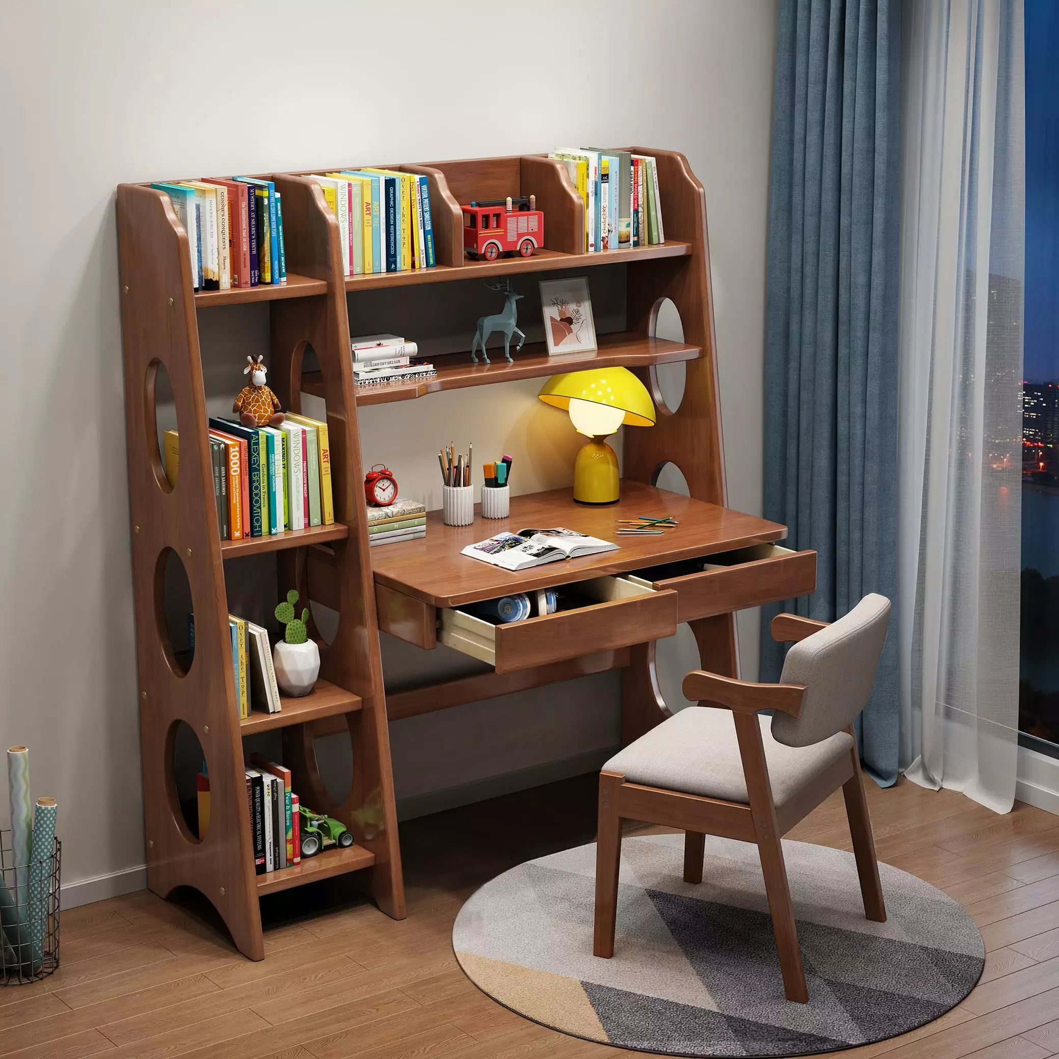 BALANBO Kid's Desk Kid's Table and Chair Set with Drawers and Bookshelf Wooden Kid's Media Desk Student Learning Computer Workstation and Writing Desk (Brown)