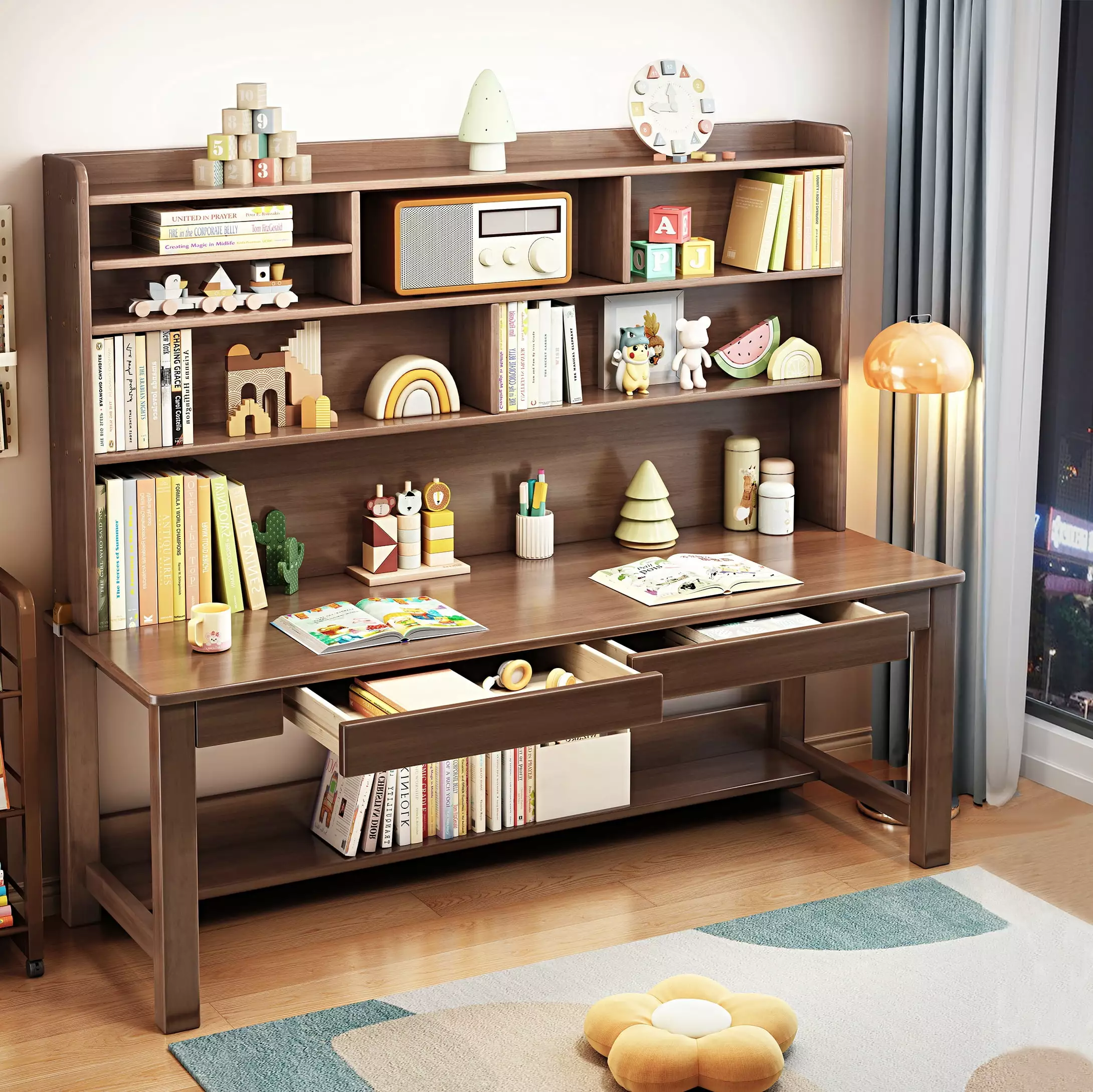 BALANBO Solid Wood Kids Desk with Hutch and Shelves. Study Computer Desk with Drawers. Extra Large Two Person Study Desk Writing Table. Student Media Desk with Bookshelf for Bedroom.Study Room.Walnut