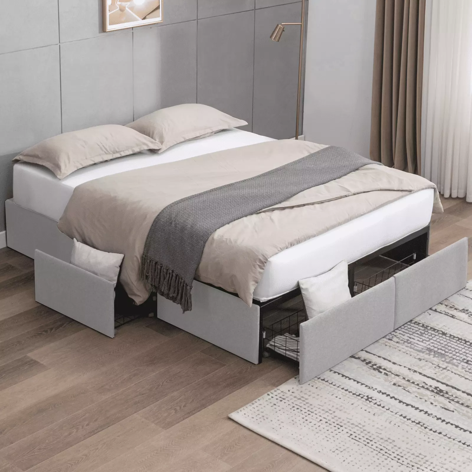 BALUS 59W Queen Storage Bed Frame. 4 Drawers with Wheels. Platform for Bedroom. Linen Fabric&Real Wood Slats. Light Gray