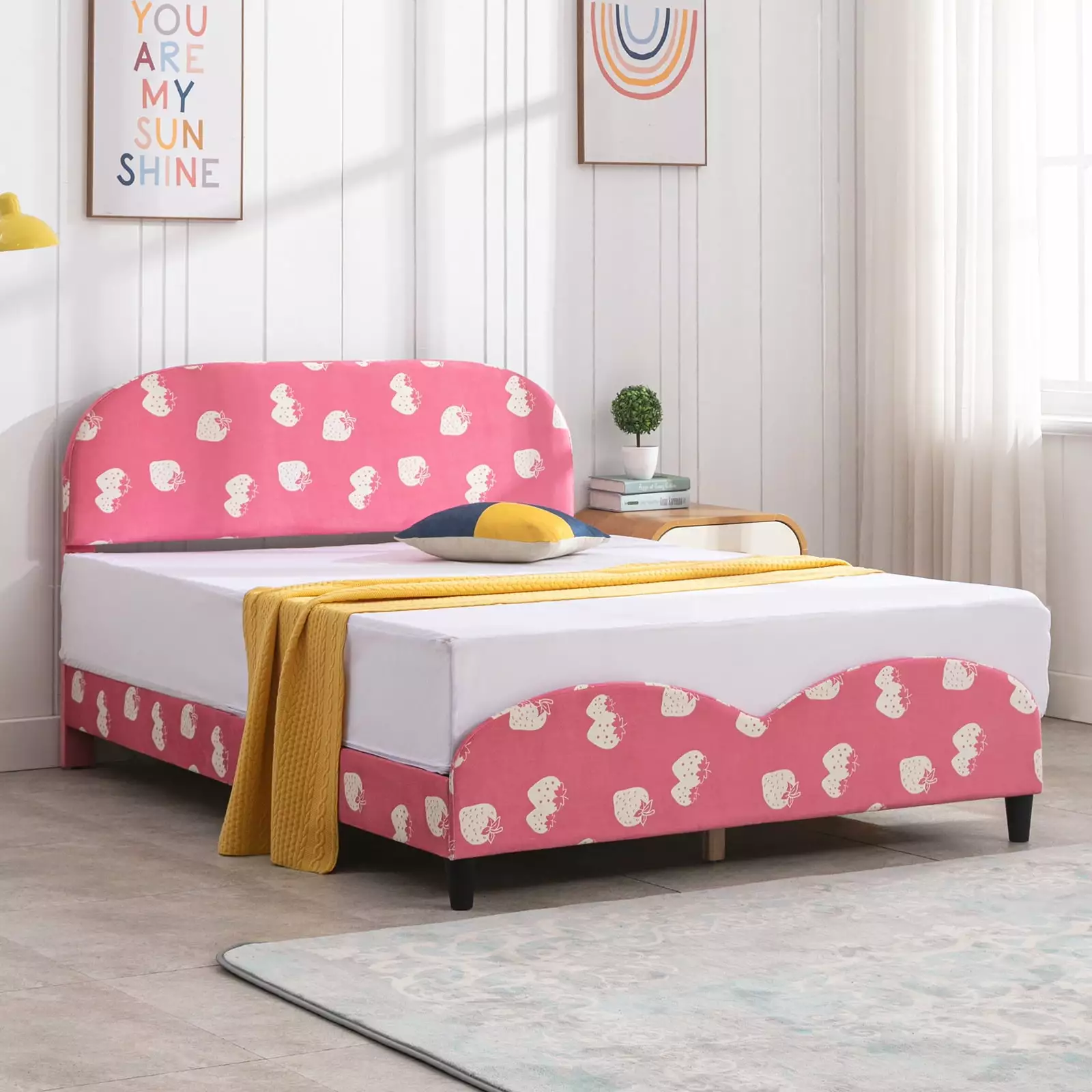 BALUS Kids Twin Bed Frame. Smooth Curved Upholstered Headboard and Footboard. Strawberry Patterns Design. Children's Protective. Easy Assembly. Pink