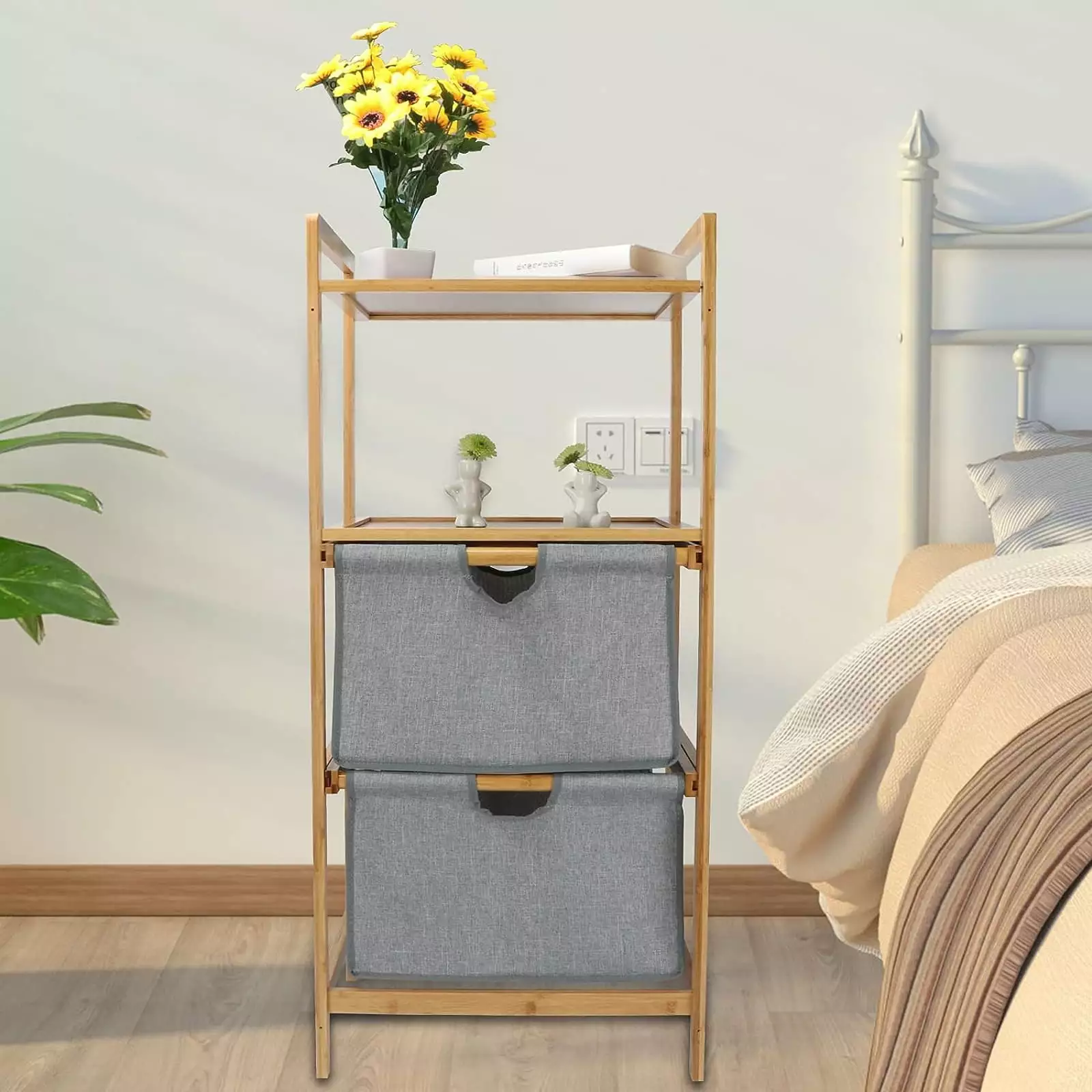 BIGTREE 4 Tier Basket Storage Drawer Bamboo Fabric Dresser Tower Organizer with 2 Pull Out Drawers