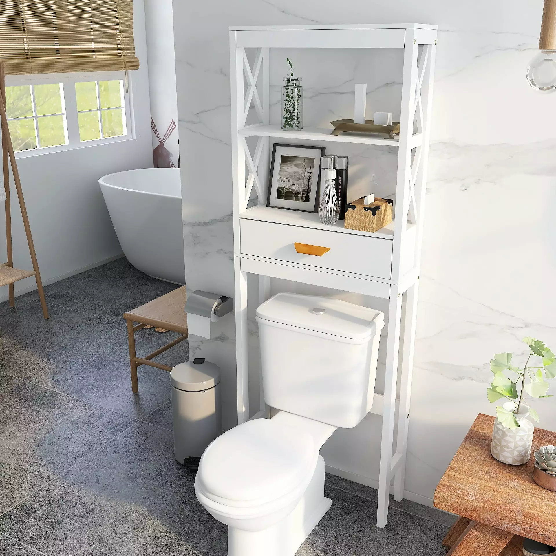 Bathroom Storage Cabinet. White Over-The-Toilet Bathroom Storage. Home Freestanding Bathroom Organizer Rack Space Saver. Heavy Duty Over Toilet Bathroom Cabinet with Shelf and Drawer. 64.76''H