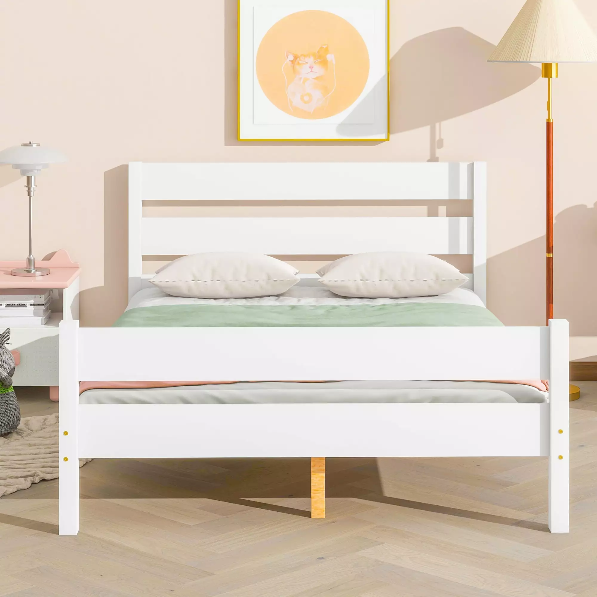 BTMWAY Full Platform Bed Frame. Heavy Duty Wood Platform Bed Frame with Headboard and Footboard. Modern Full Size Bed Frame for Teens Adults. No Box Spring Needed. White