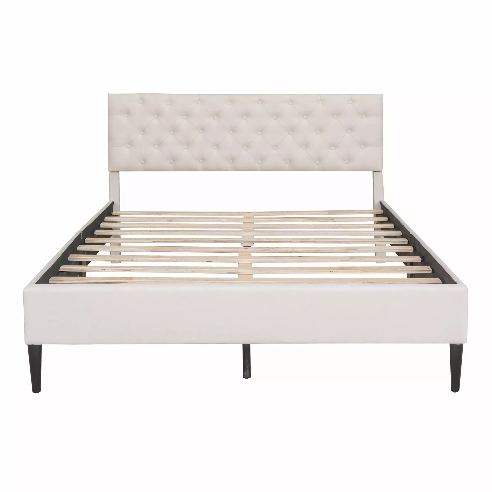 BTMWAY Queen Size Upholstered Platform Bed with Headboard and Wooden Slats. Bedroom Queen Bed Frame No Box Spring Needed. Beige