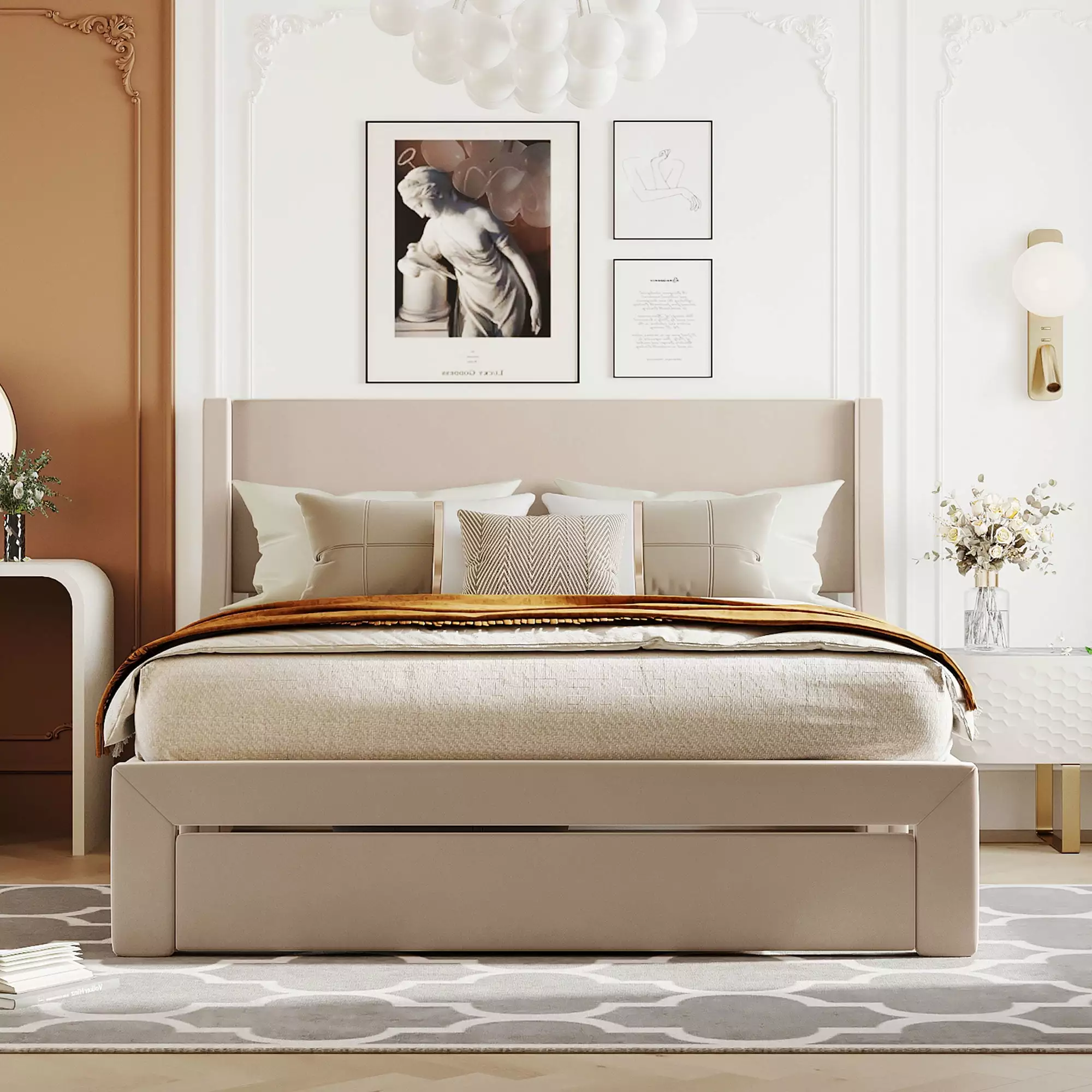 BTMWAY Queen Storage Bed Frame with A Big Drawer. New Upgraded Upholstered Platform Bed with Headboard. No Box Spring Needed. Heavy Duty Queen Size Bed Frame for Adults. 600lbs Capacity. Beige