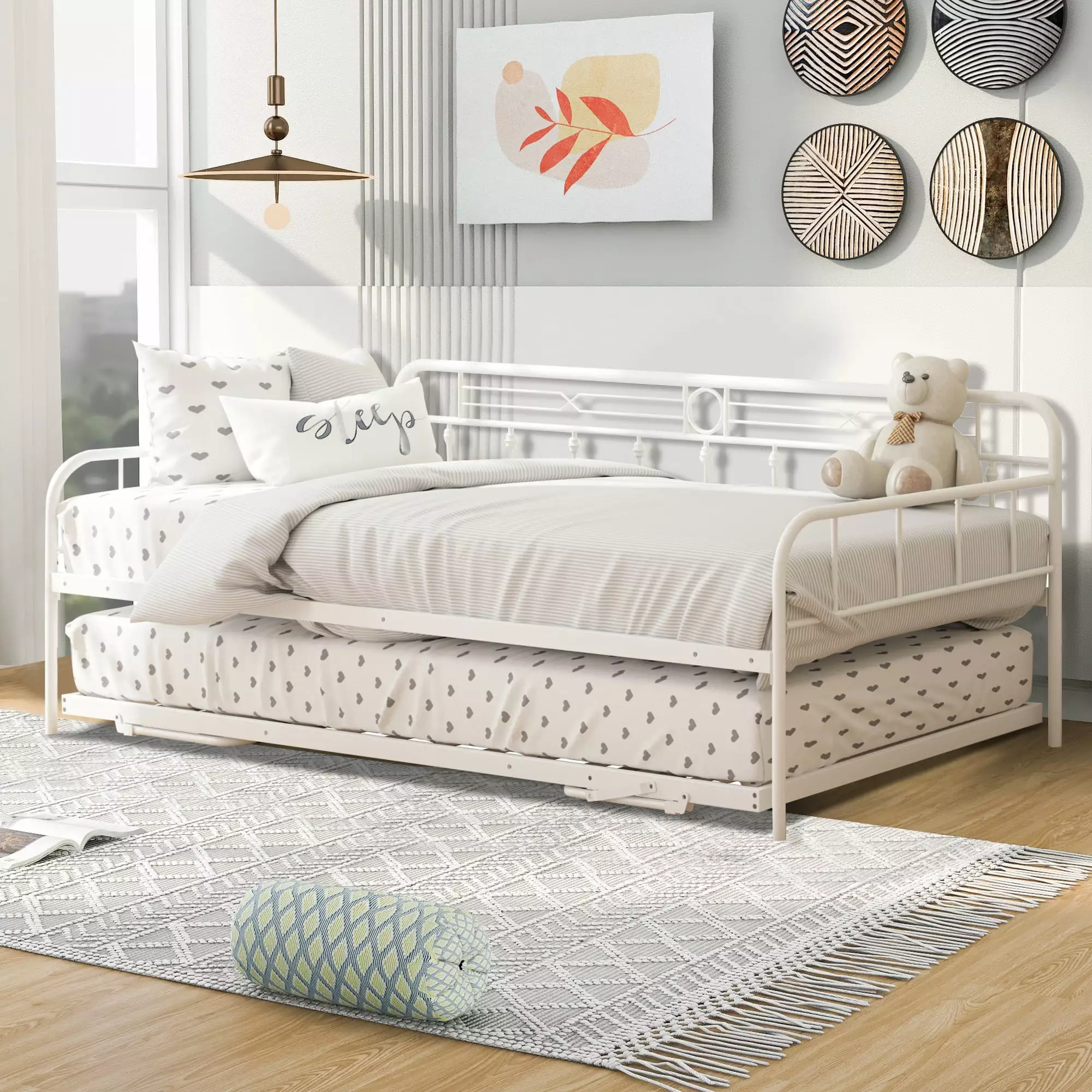 LegaHome Twin Metal Daybed with Pop Up Trundle Bed. Heavy-Duty Steel Daybed for Bedroom Living Room. Modern Twin Size Daybed Frame with Adjustable Trundle. No Box Spring Needed. White