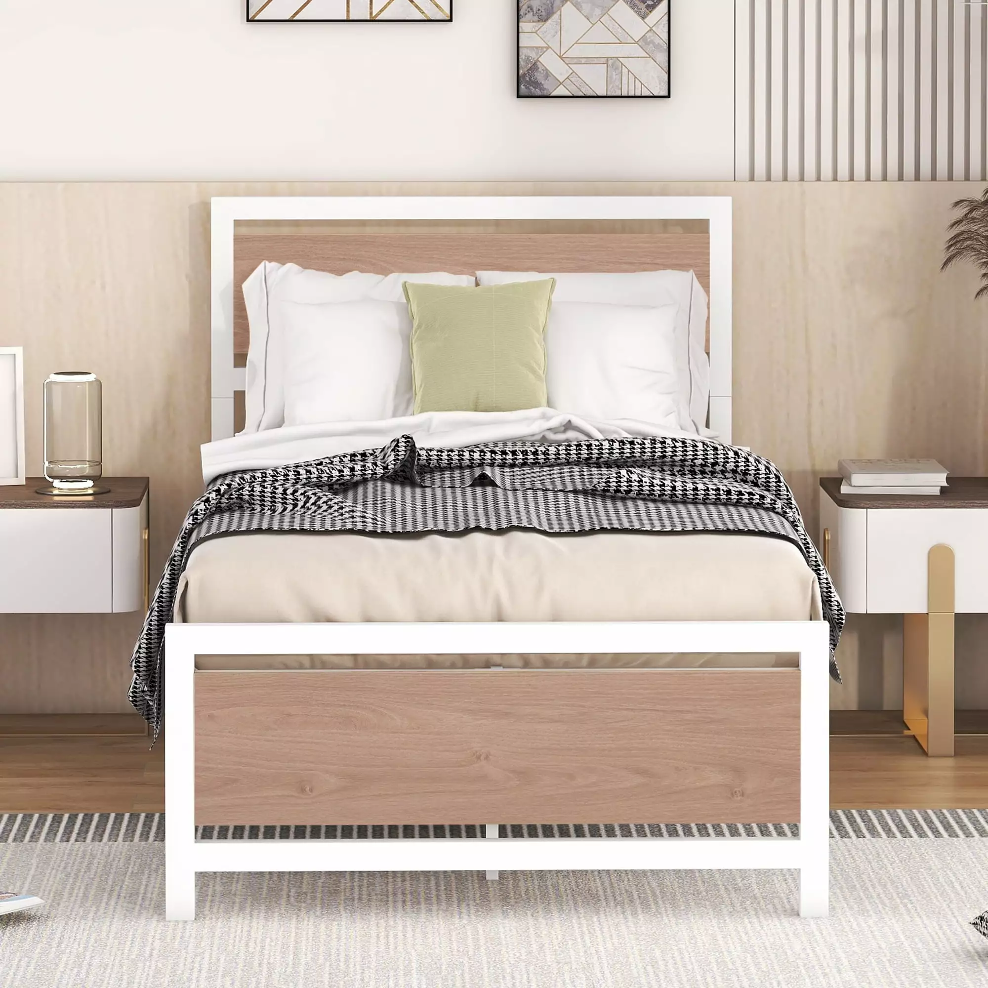 BTMWAY Twin Size Bed Frame. Heavy Duty Metal and Wood Bed Frame with Headboard and Footboard. Twin Bed Frame for Kids Teens. No Box Spring Needed. Easy to Assemble. White