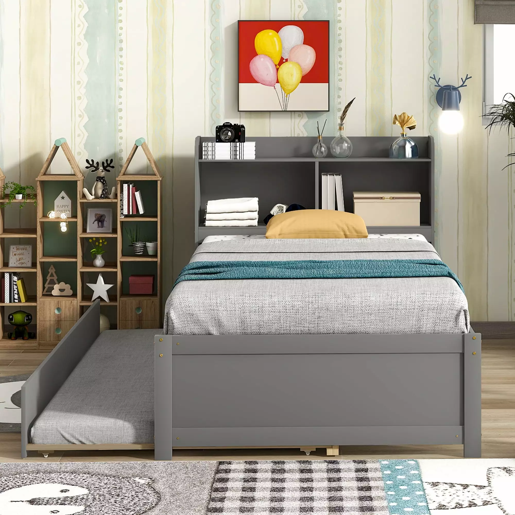 BTMWAY Wood Platform Bed Frame with Storage Bookcase and Trundle Bed. Twin Bed Frame with Headboard. No Box Spring Needed. Bedroom Furniture Twin Size Bed for Kids. 85.04''x41.74''x36.6''. Gray