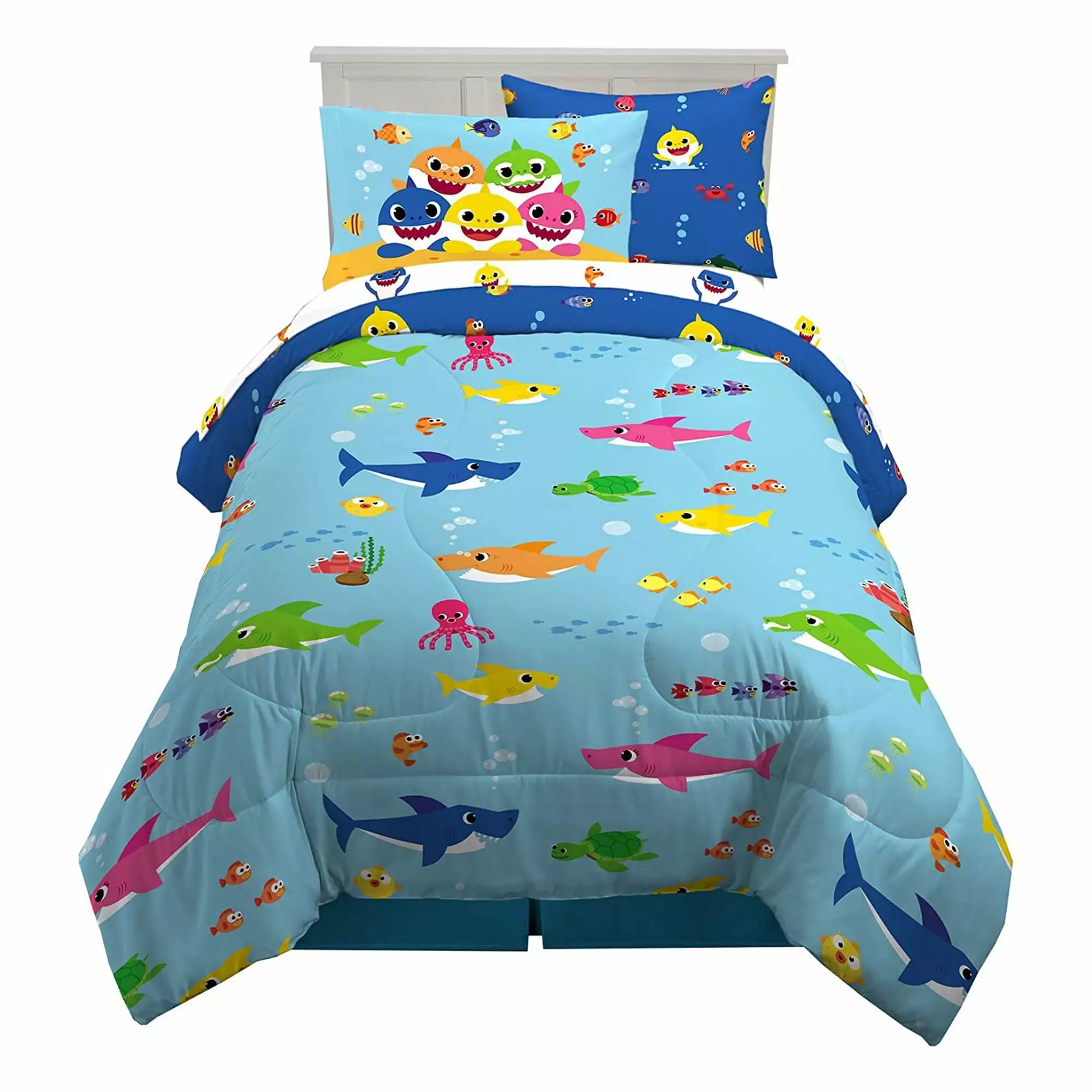 Baby Shark 4 Pcs Kids Twin Sheet Set with Reversible Comforter - Multicolored with Printed Characters