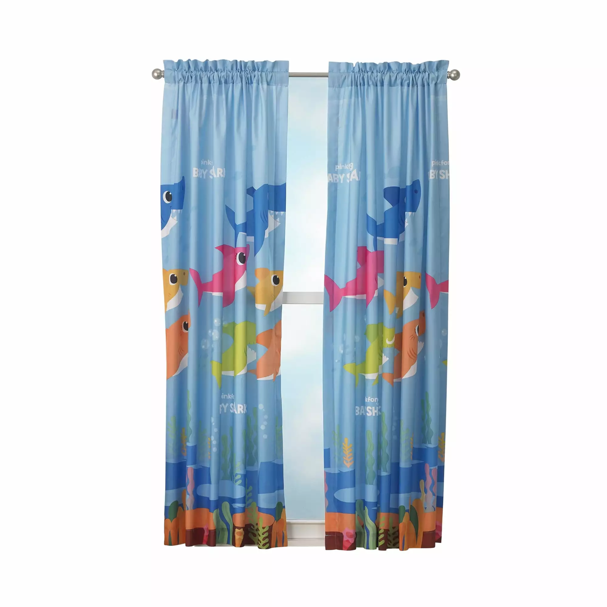 Baby Shark Kids Bedroom Microfiber Window Curtain Set. 2 Panels. 63 Length. Blue