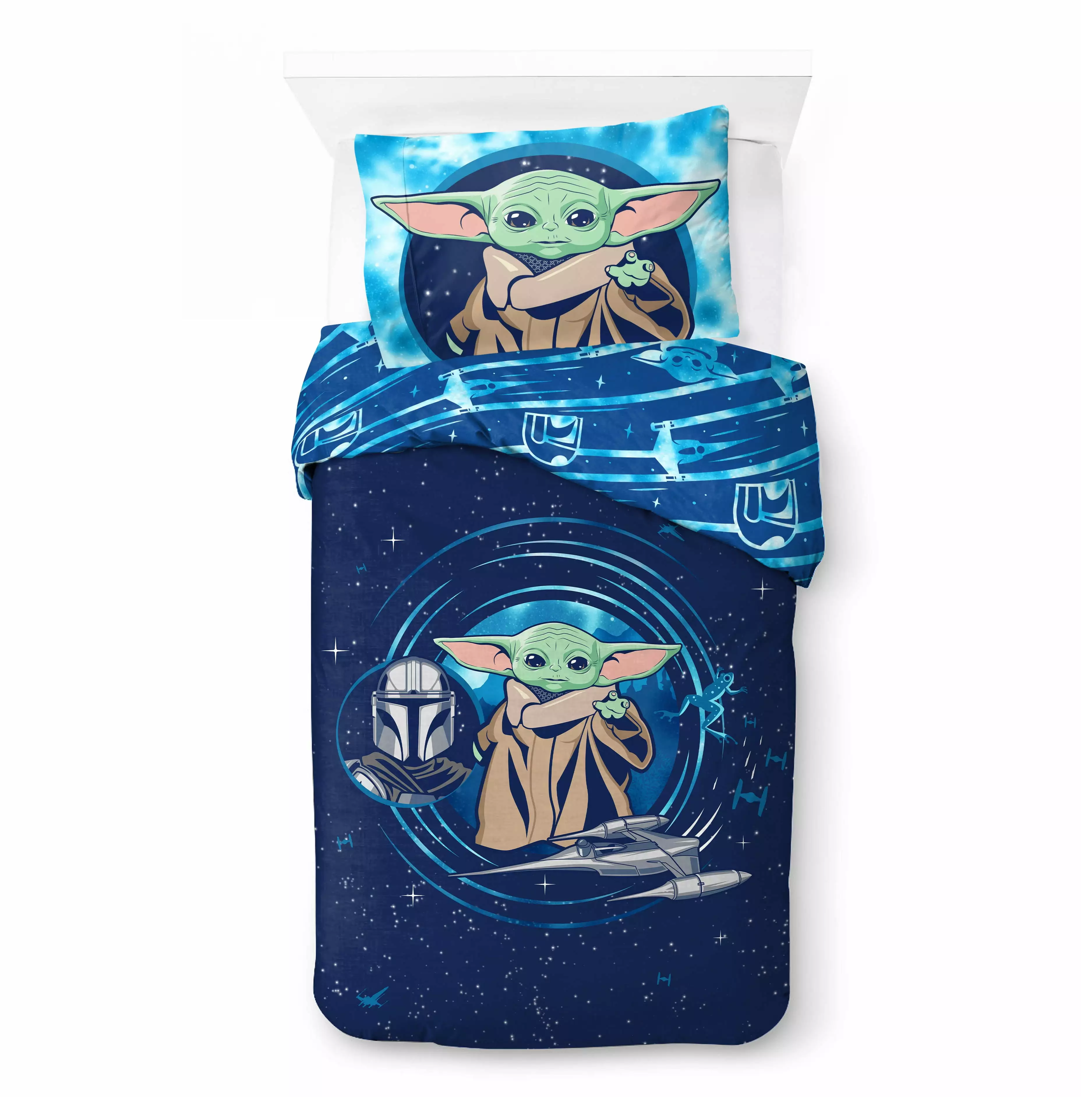 Baby Yoda Kids 2-Piece Twin/Full Reversible Comforter Set. Blue. Star Wars