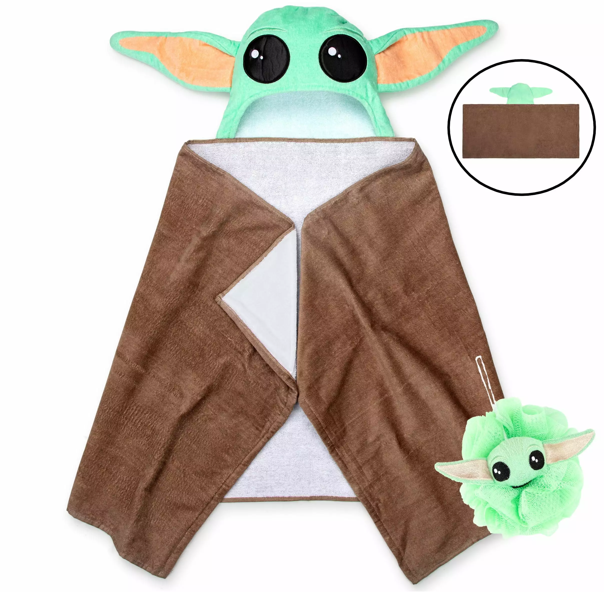 Baby Yoda Kids Hooded Towel and Character Loofah Set. Cotton. Green. Star Wars