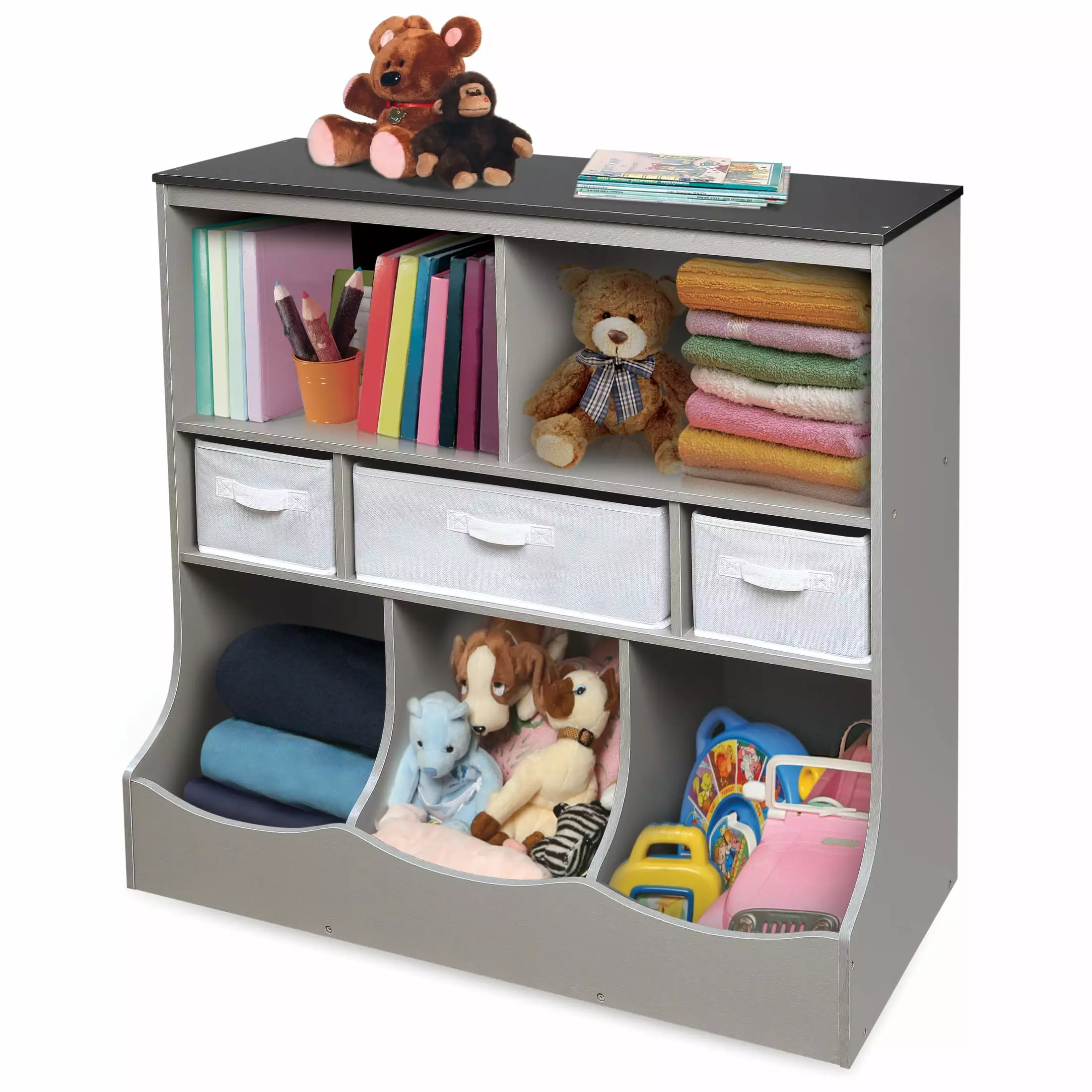 Badger Basket Combo Bin Wood Toy Storage Organizer with Three Baskets 8.6 Cu ft.- Gray