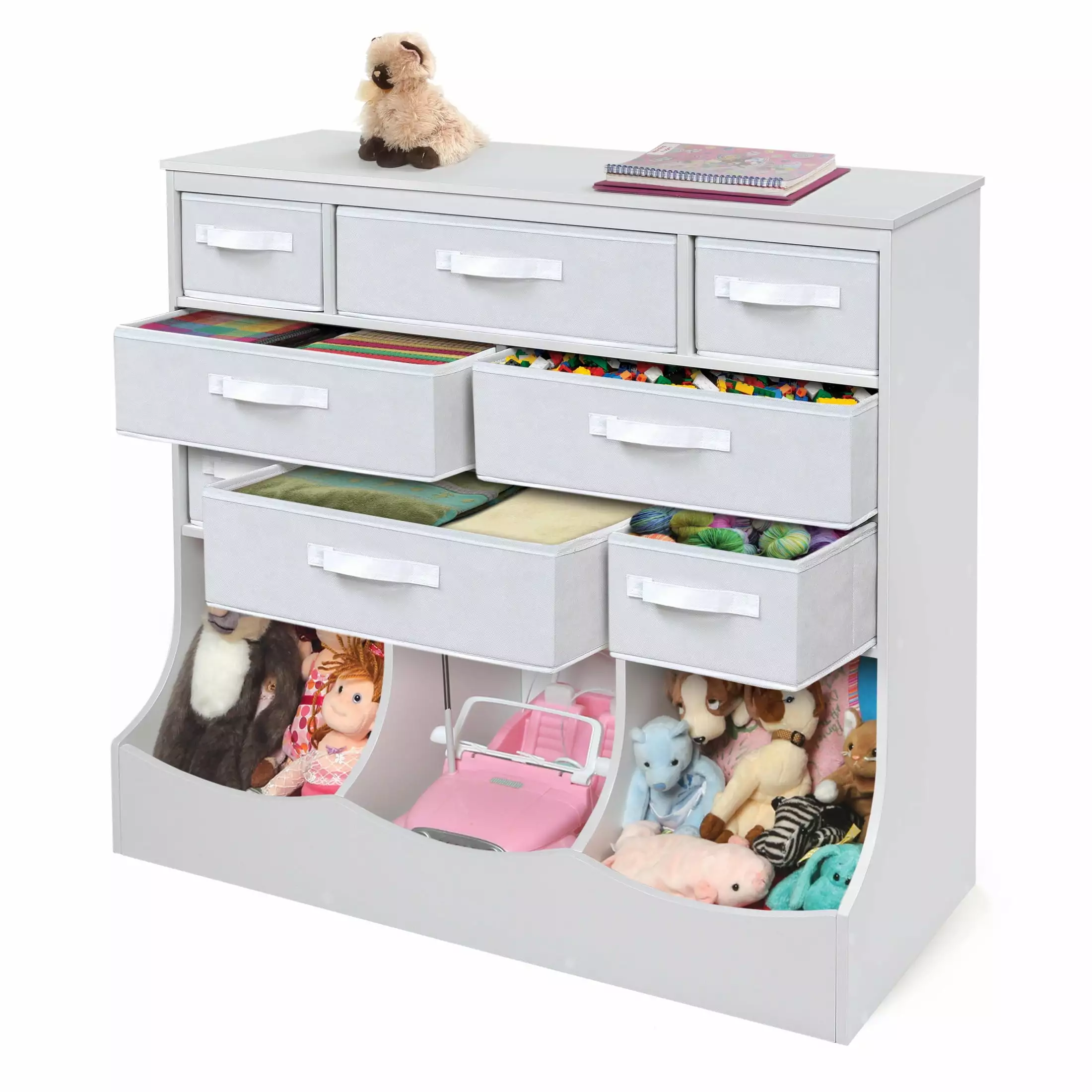 Badger Basket Three Bin Wood Toy Storage and Organizing Station with Eight Baskets 8 Cu ft. - White