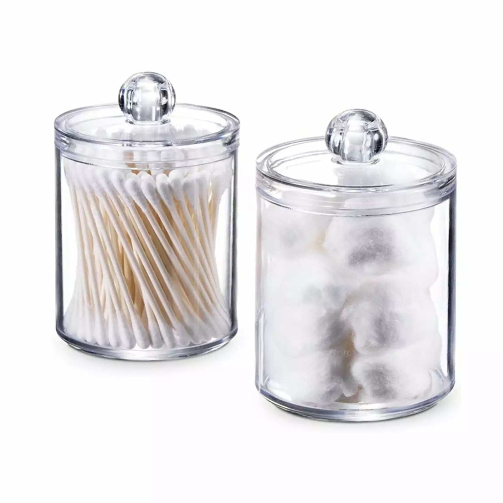 BadyminCSL Qtip Holder Dispenser for Cotton Ball. Cotton Swab. Cotton Round Pads. Floss - 10OZ Clear Plastic Jar Set for Bathroom Canister Storage Organization