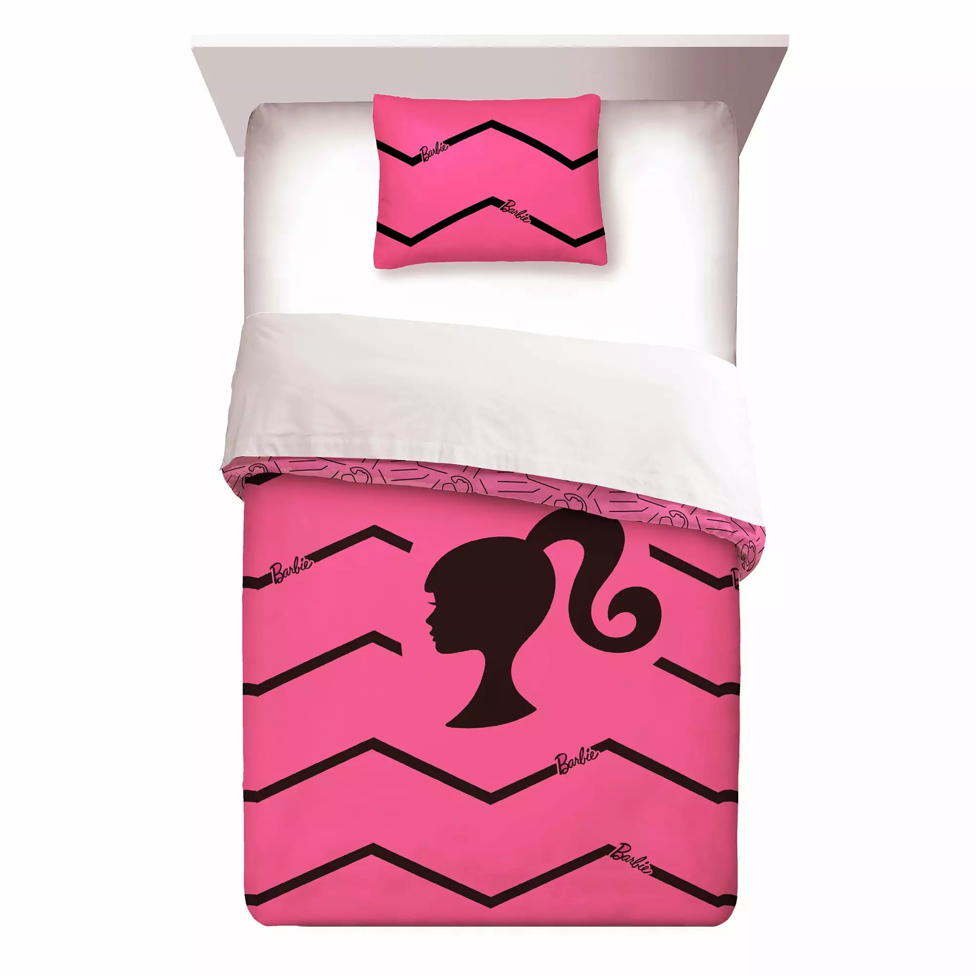 Barbie Kids 2-Piece Twin Full Comforter Set. Reversible. Pink Chevron. Microfiber