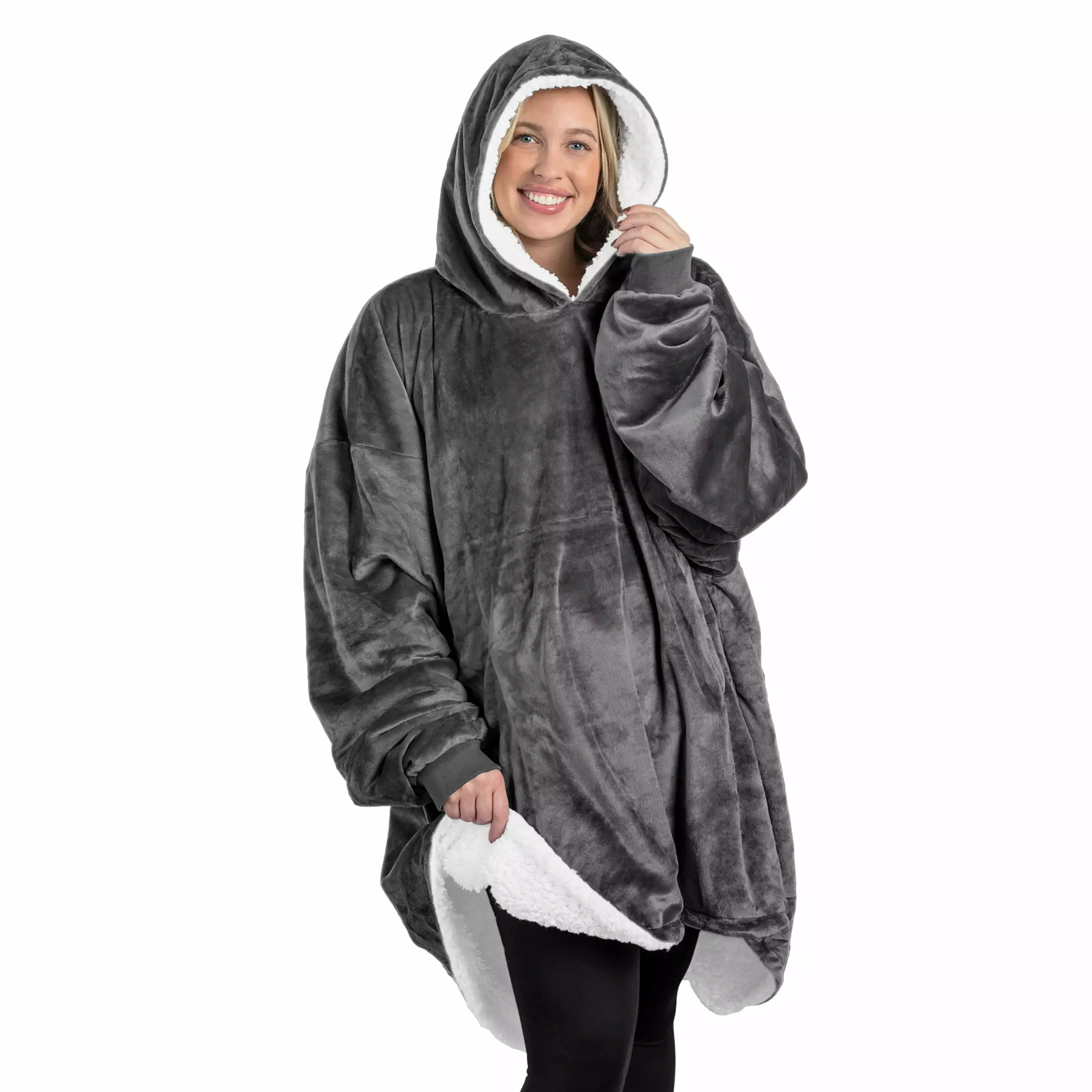 Bare Home Plush Sherpa Wearable Blanket - Fluffy & Soft - Lightweight - Adult. Gray