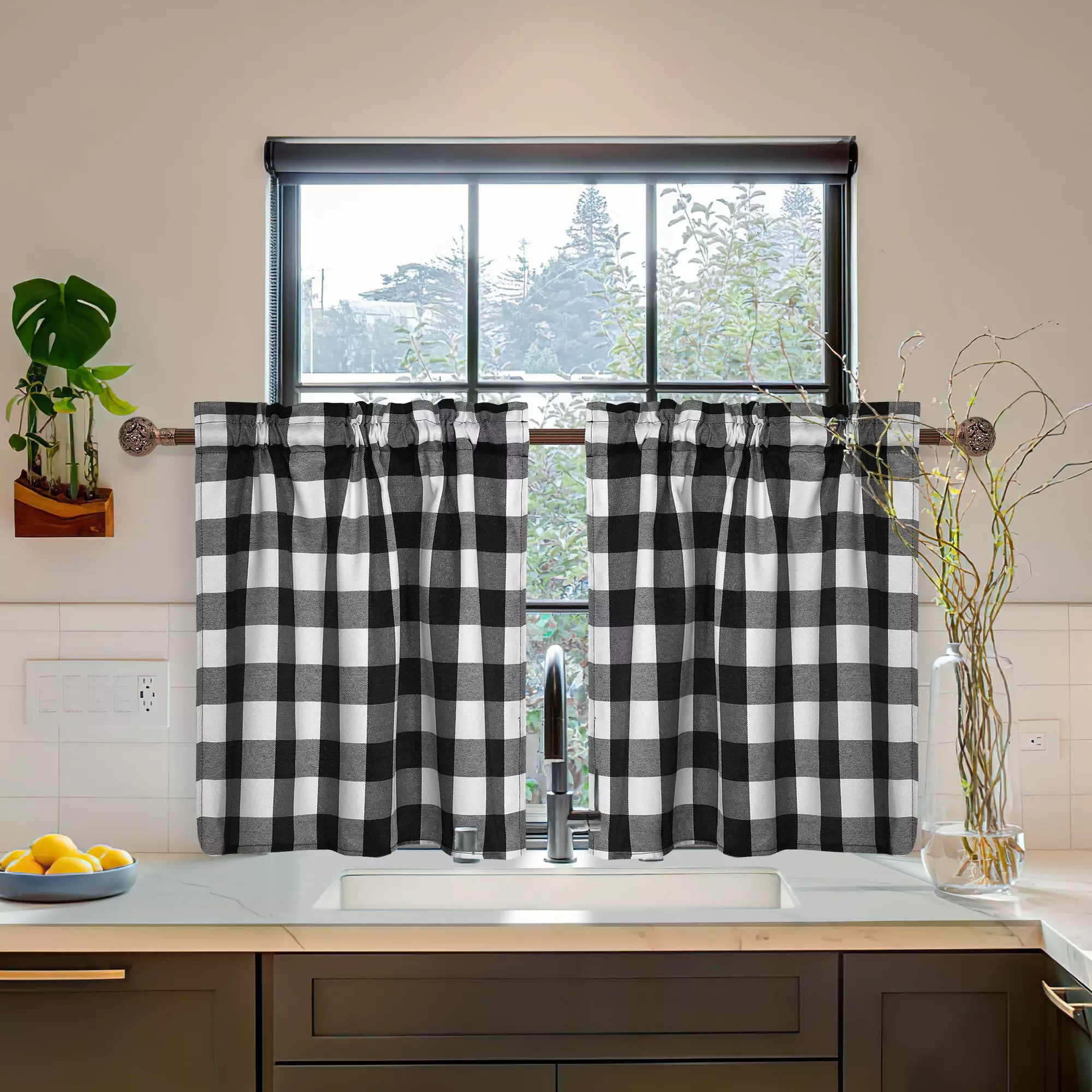 Barossa Design Buffalo Check Kitchen Tier Curtains 36 Inch Plaid Small Window Curtains for Cafe Rod Pocket 2 Panels -Black and White