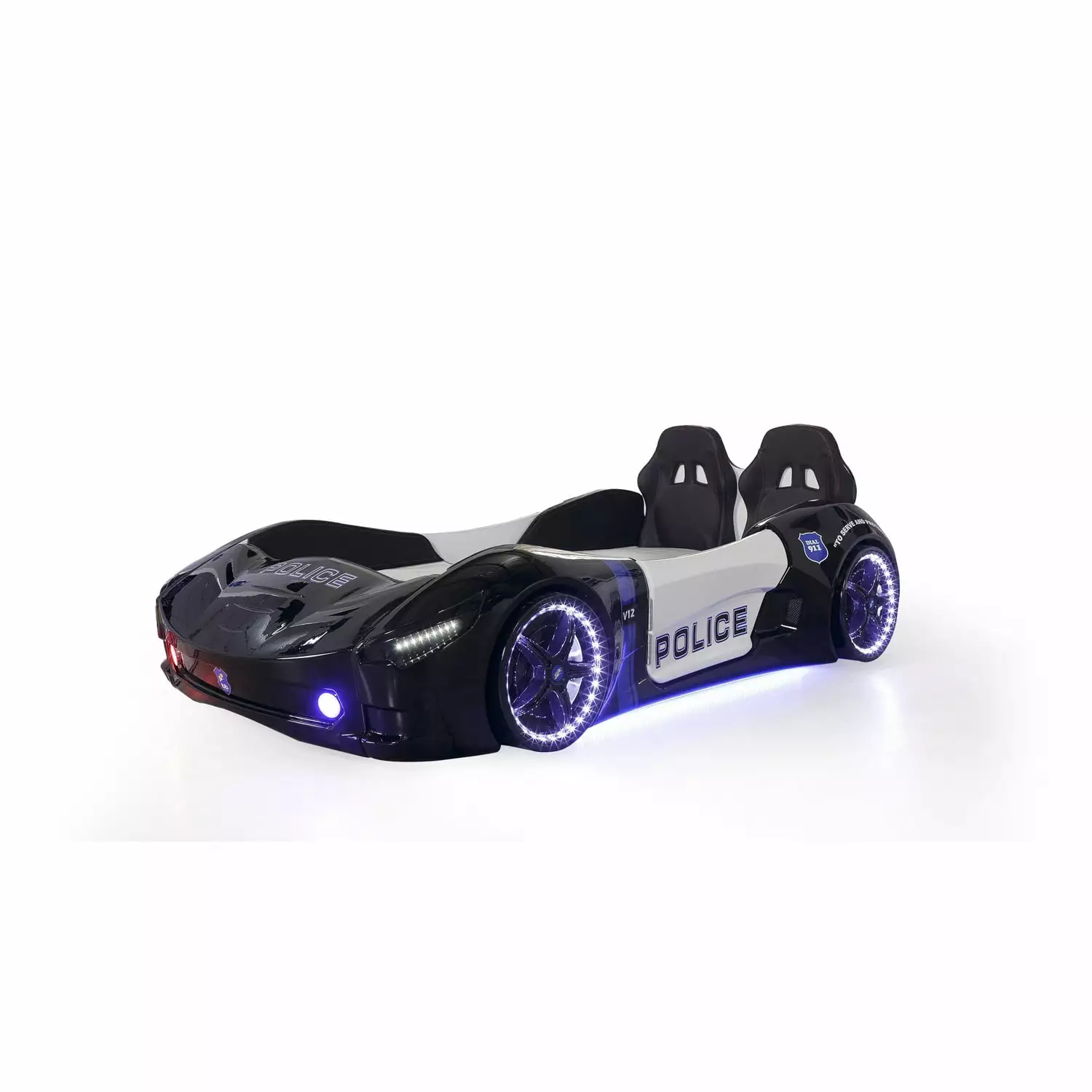 Titi Racer Modern Wood Police Twin Race Car Bed with Remote Control in Black