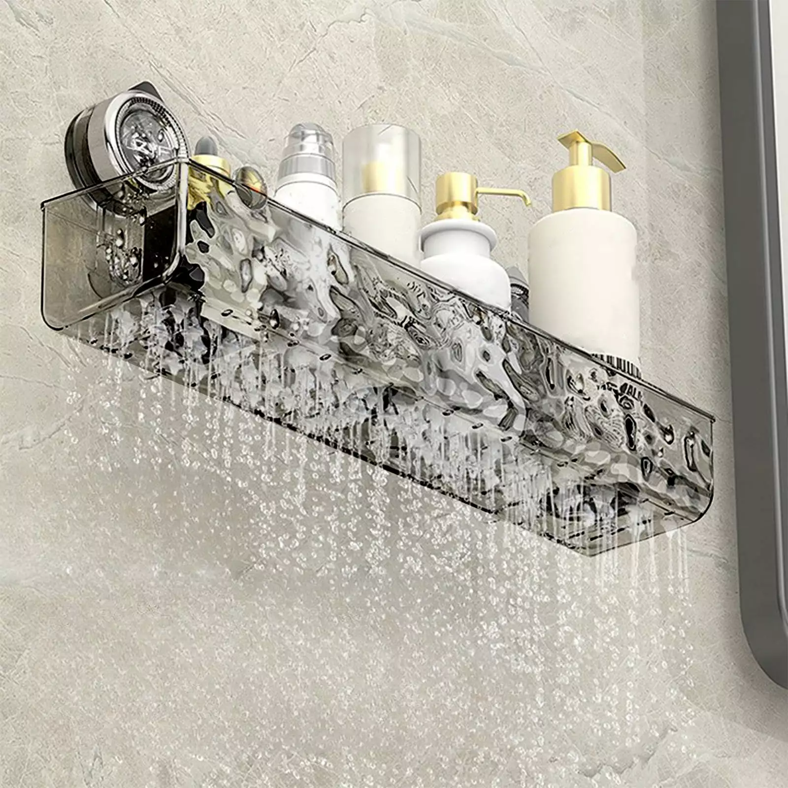 Bathroom Accessories Deals! ESULOMP No-Drill Clear Wall Caddy Light Luxury Style Glacier Pattern Suction Cup Shelf Drill-Free Removable Multifunctional Rectangle Storage Bathroom