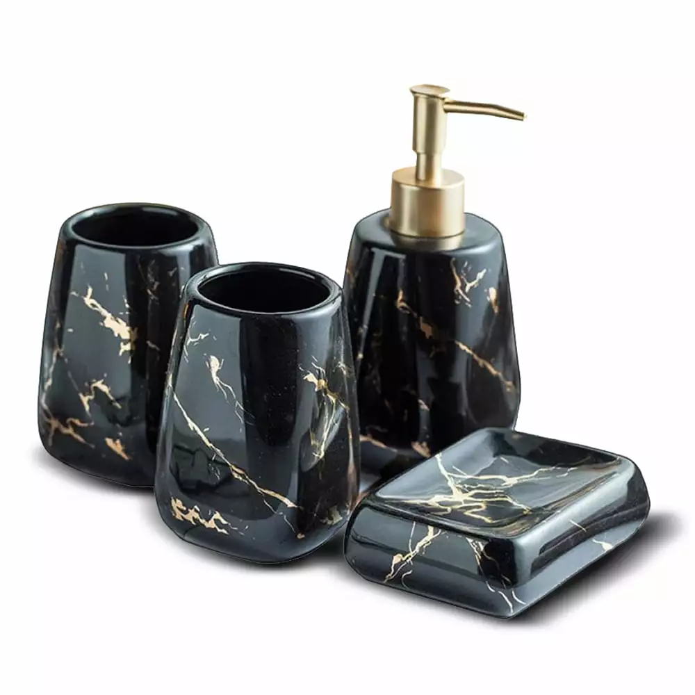 Bathroom Soap Dispenser Set Bathroom Accessories Set 4 Pcs Ceramic Marble Bathroom Accessories Complete Set Bathroom Decor - 1 Soap Dispenser. 2 Tumblers. 1 Soap Dish. Glossy Black