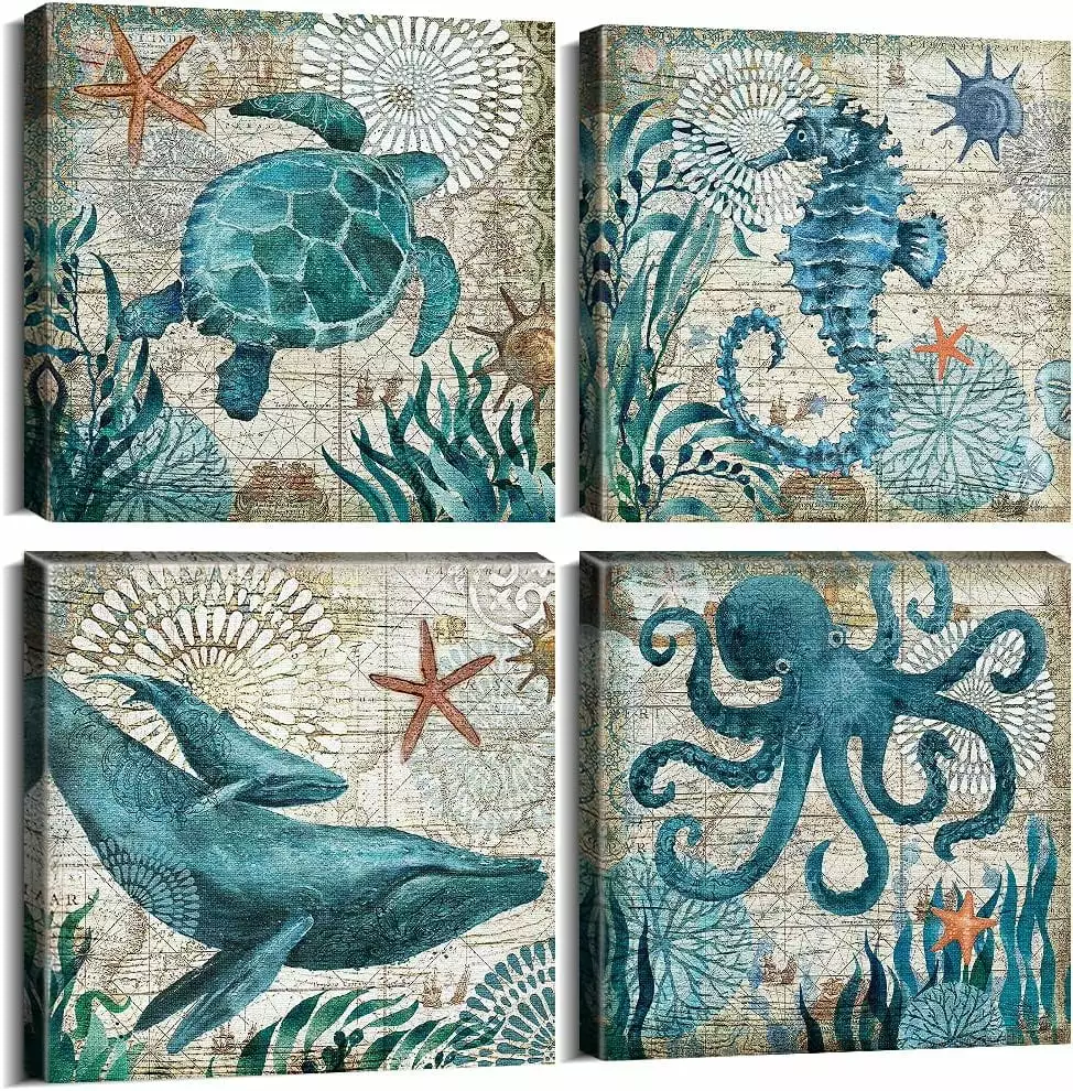 Bathroom Wall Art Beach Decor Ocean Sea Turtle Octopus Canvas Pictures Coastal Room Decor Teal Bathroom Accessories Vintage Whale Seahorse Poster Modern Nautical Painting Bedroom Home Decorations