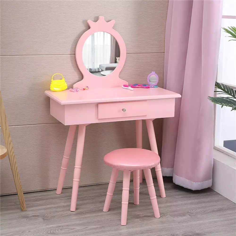 BaytoCare Kids Vanity Wooden Makeup Table Set for Girls Princess Pretend Beauty Make Up Dressing Play Set Child Vanity Desk Pink