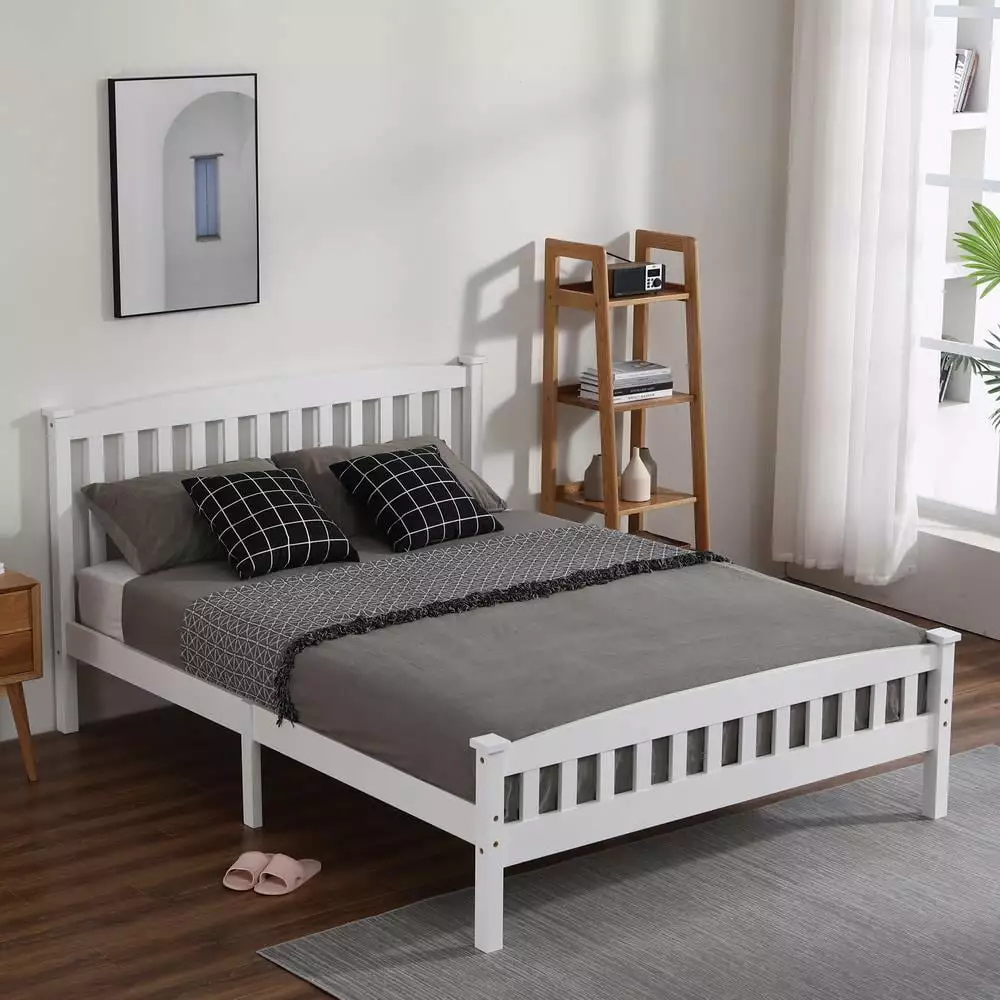 BaytoCare Vertical Wood Bed Frame for Headboard / No Box Spring Needed / Wood Slat Support / Pine Finish. Full