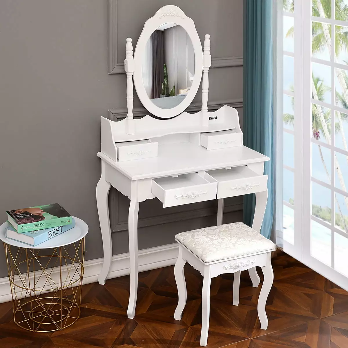 BaytoCare White Dressing Table Vanity Table Set Wood Makeup Desk