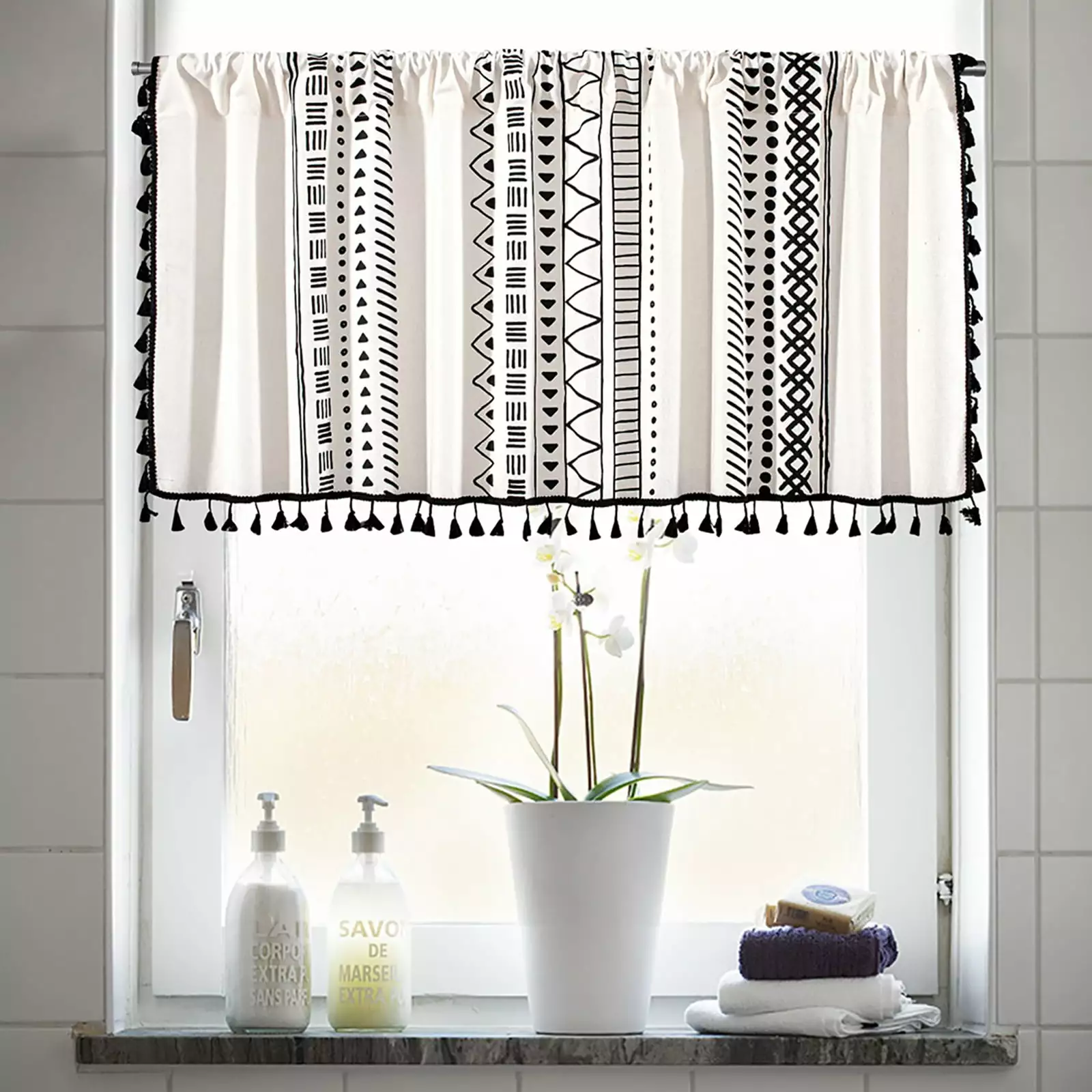 Baywell Boho Valance Curtain with Tassel Trim - 59 in Length - Semi Sheer Kitchen Valance Bedroom Bathroom Small Window Cafe Curtains - Rod Pocket Farmhouse Short Curtain - 59x17.7in