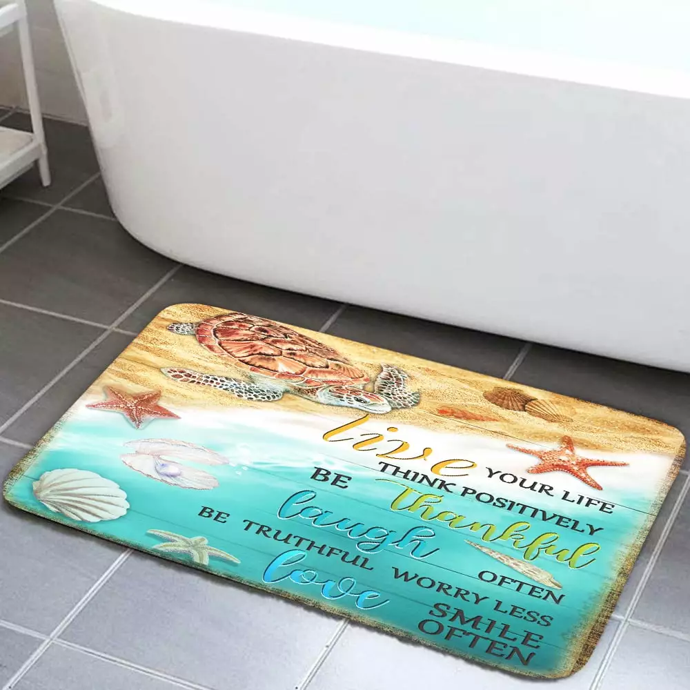 Beach Bath Rugs for Bathroom. Teal Sea Turtle Ocean Quotes Bathroom Rug Bath Mat Set Floor Mats. Coastal Ocean Nautical Rustic Vintage Doormat. Cute Kids Bath Mats. Tan Turquoise.17X29in