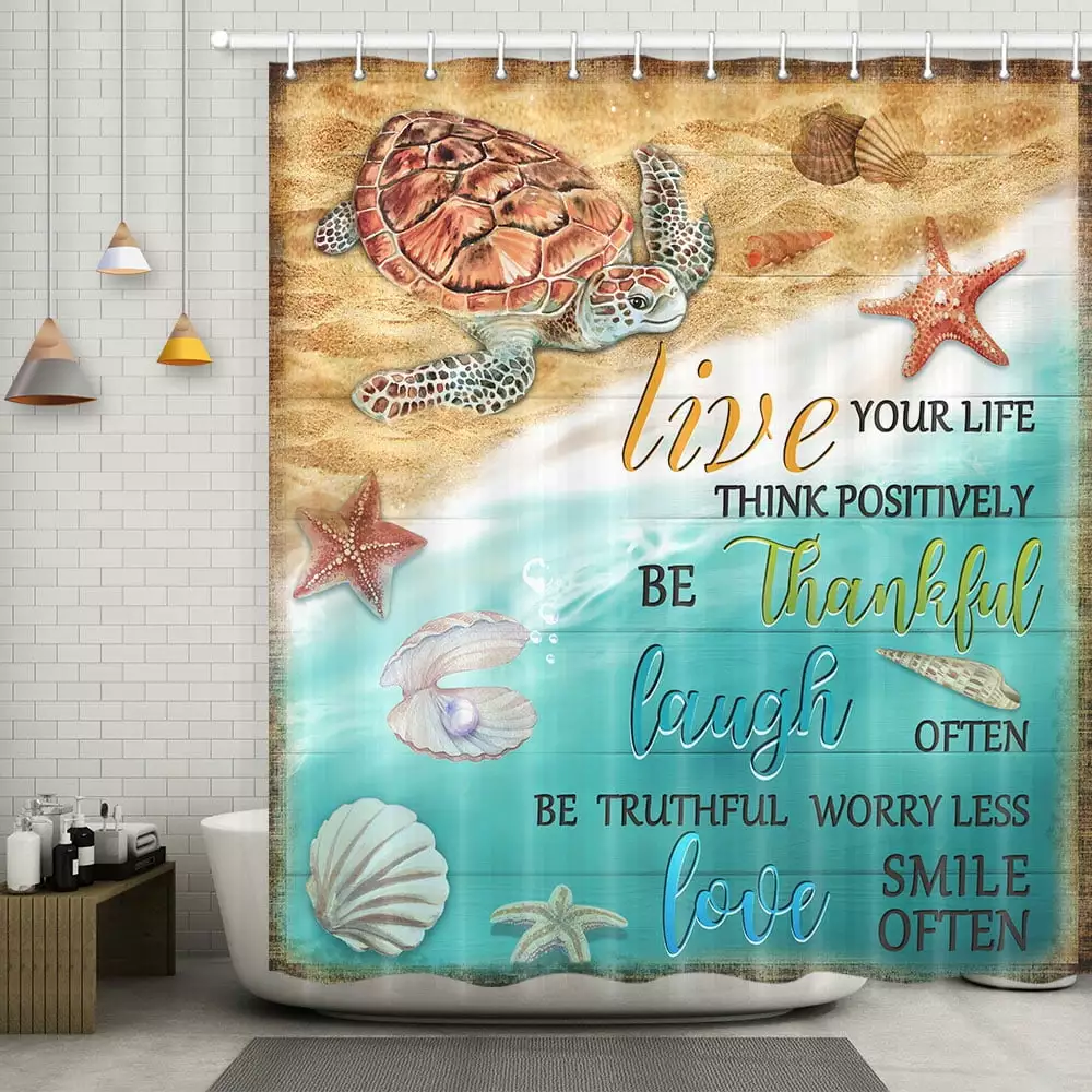 Beach Turtle Shower Curtain for Kids. Blue Ocean Seashell Sea Turtle on Beach Waterproof Fabric Shower Curtain Set. Rustic Farmhouse Bath Curtain for Bathroom Decor With Hooks 69*70in