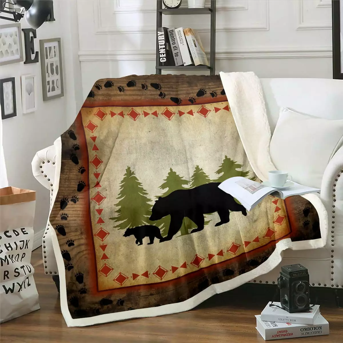 Bear Fleece Blanket Throw Size Rustic Farmhouse Bear Wildlife Throw Blanket for Bed Sofa Couch Wild Bear Bed Blanket Country Cabin Decor Woodland Bear Paw Print Sherpa Blanket Brown Green