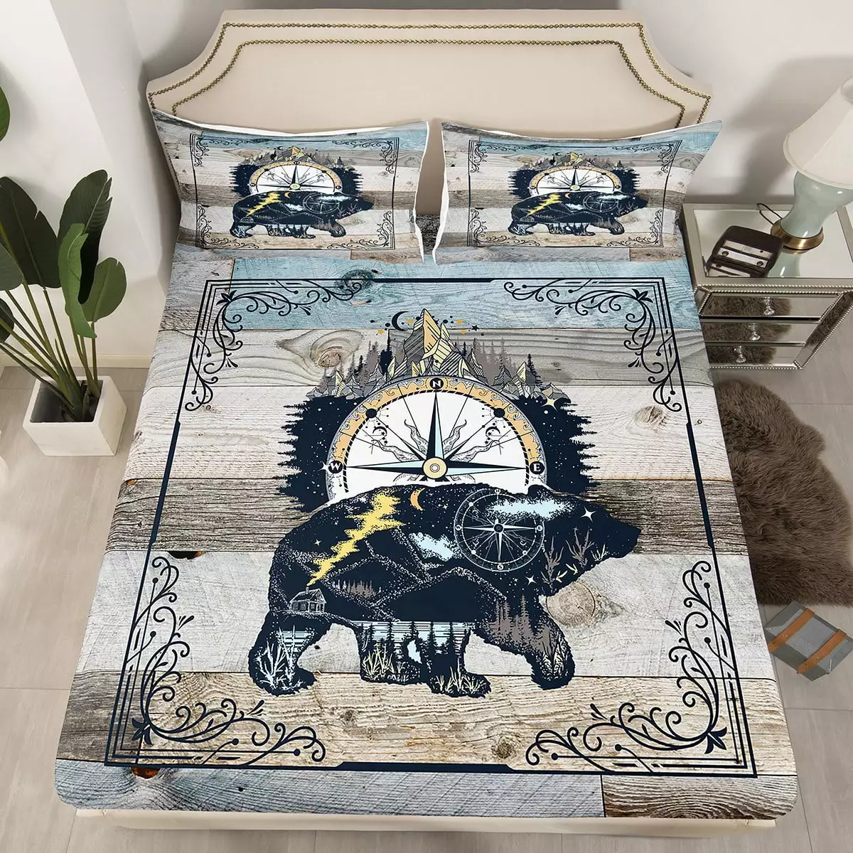 Bear Hunting Bedding Set Twin Size. Rustic Farmhouse Bed Sheets Hand Drawn Bear Compass Print Fitted Sheet For Boys Youth Teens Camping Lovers. Western Vintage Woodland Animal Sheets