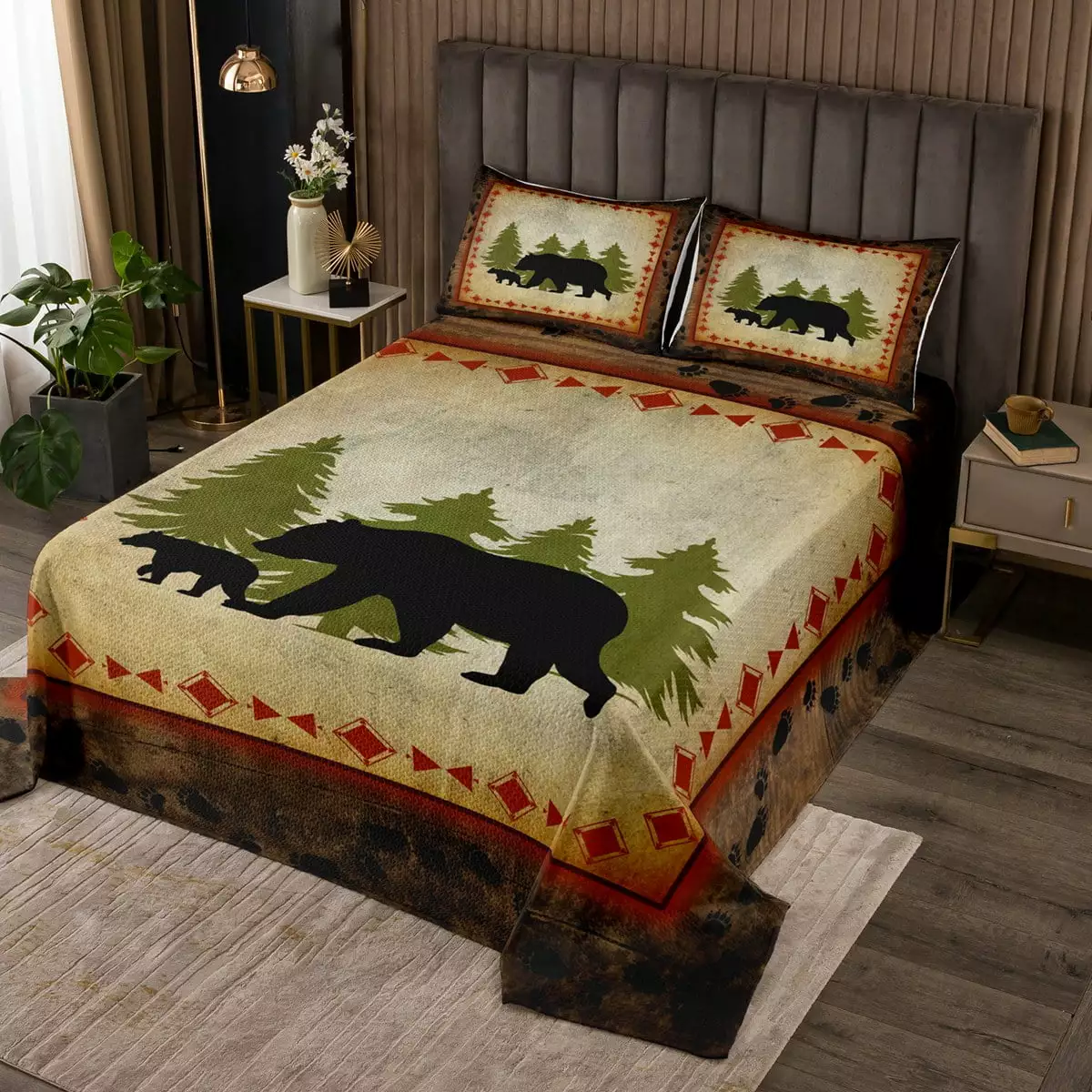 Bear Quilt Set Twin Size Rustic Farmhouse Bear Bedspread Set Wild Bear Coverlet Set Country Cabin Lodge Decor Bedding Set Nature Woodland Bear Paw Print Bed Set Brown Green 2Pcs