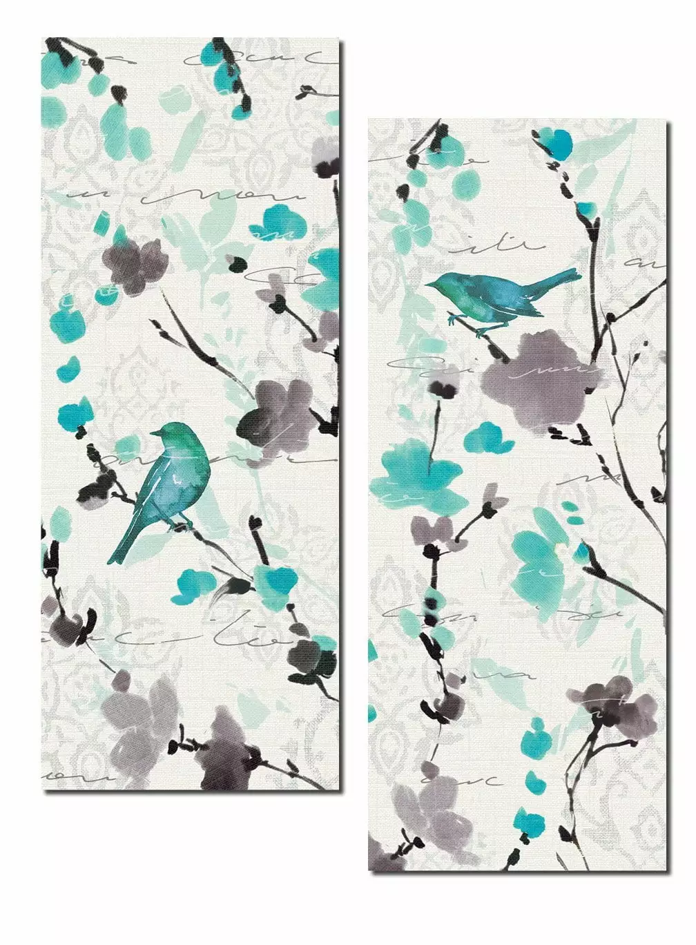 Beautiful Teal and Gray Watercolor-Style Floral and Bird Print Set; Two 8x18in Poster Prints