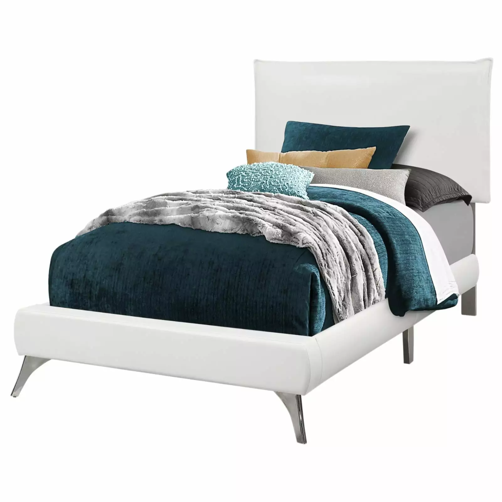 Bed Twin Size Platform Teen Frame Upholstered Pu Leather Look White