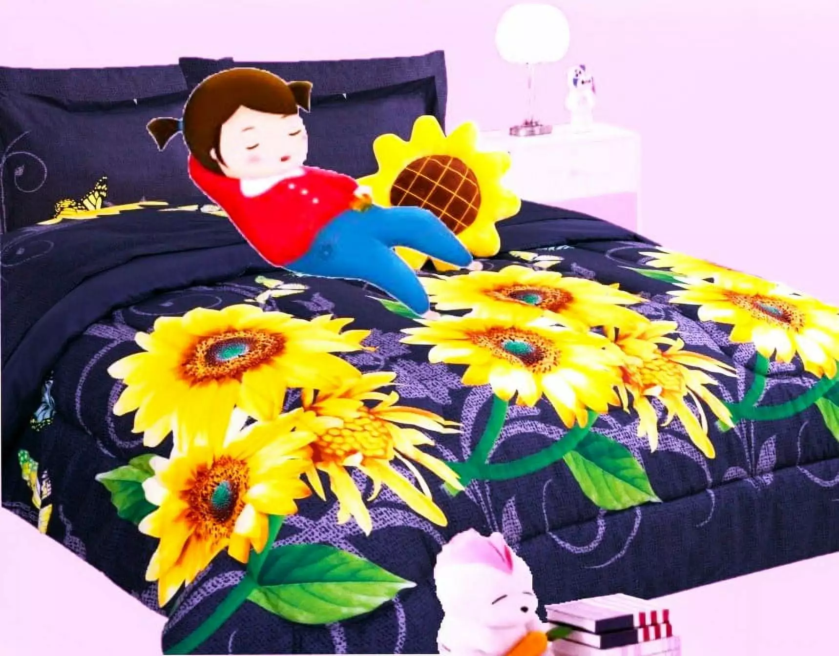 Bedding set twin 6pc sunflower black complete bed in bag comforter with plushie toy friend and matching sheet set for kids bedroom d??cor