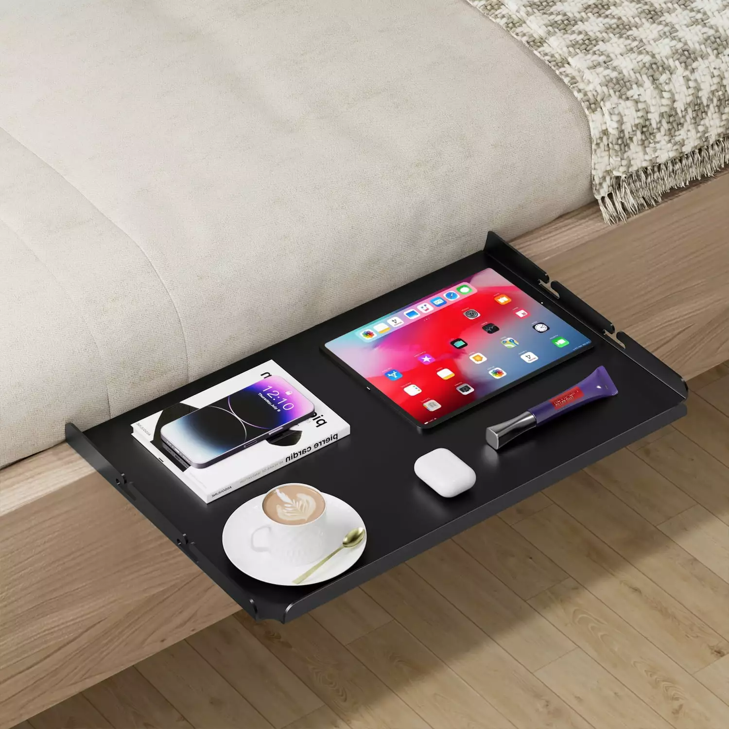 Bedside Shelf for Bed.Bedside clip on Table Organizer Tray.Clip On Nightstand Tray College Dorm Room with Charging Slot(Black)