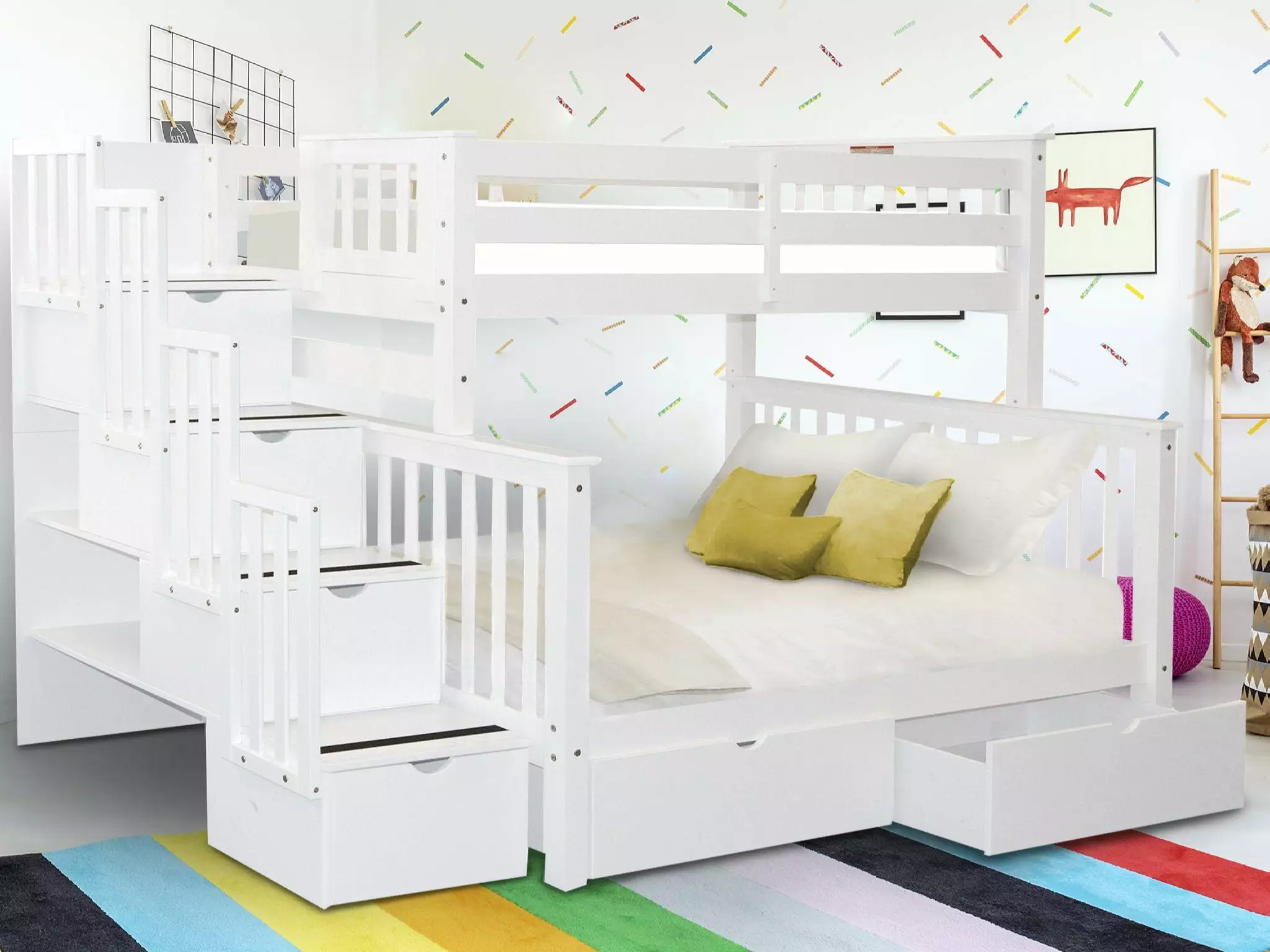 Bedz King Stairway Bunk Beds Twin over Full with 4 Drawers in the Steps and 2 Under Bed Drawers. White